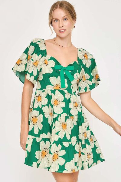 Full Size Daisy Print Mini Summer Dress with Ribbon Details - Floral Sundress for Women, Beach Vacation Outfit, Casual Day Dress