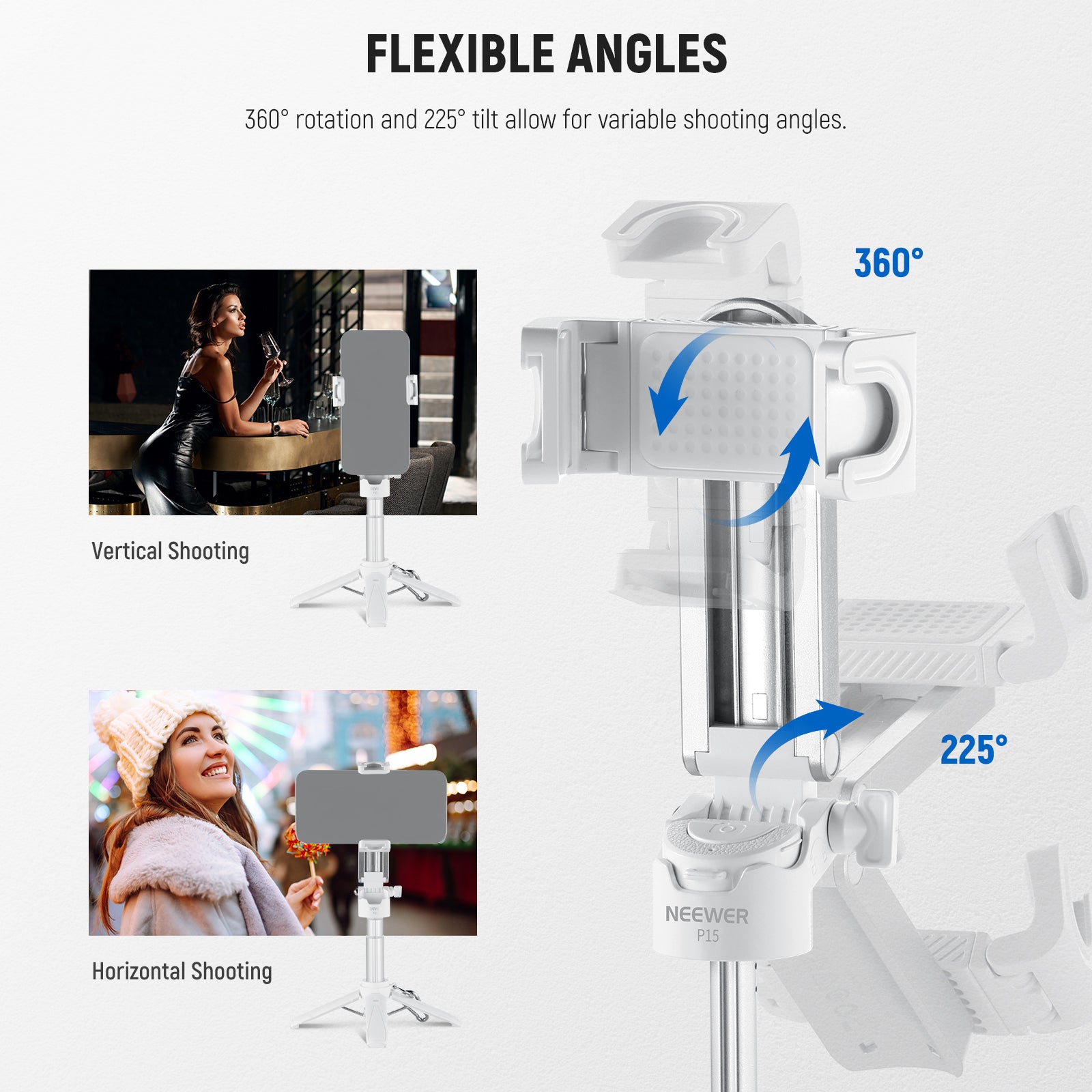 NEEWER P15 Foldable Selfie Stick Tripod with Bluetooth Remote Shutter - Portable Phone Stand for iPhone Android, Perfect for Vlogging, Travel & Group Photos
