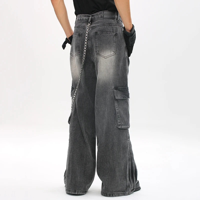 American Style Men's Denim Jeans - Pleated Deconstructed Straight Wide Leg Casual Pants for Men | Trendy Solid Color Bottoms | Perfect for Streetwear, Everyday Wear & Fashion Outfits
