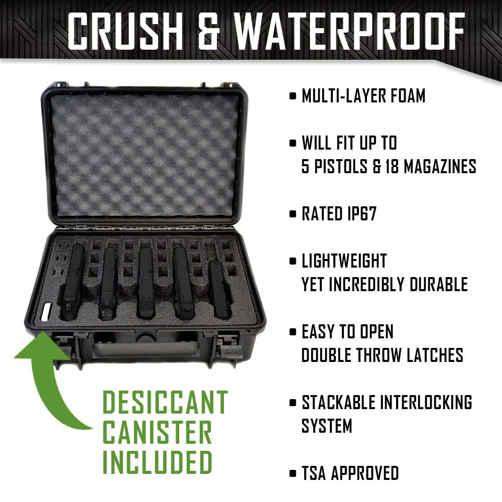 5 Pistol 18 Magazine Doro Gun Case with Custom Foam Insert - Waterproof Heavy Duty Tactical Firearms & Ammo Storage (18x14x7 Inches) - Perfect for Range, Hunting & Secure Travel