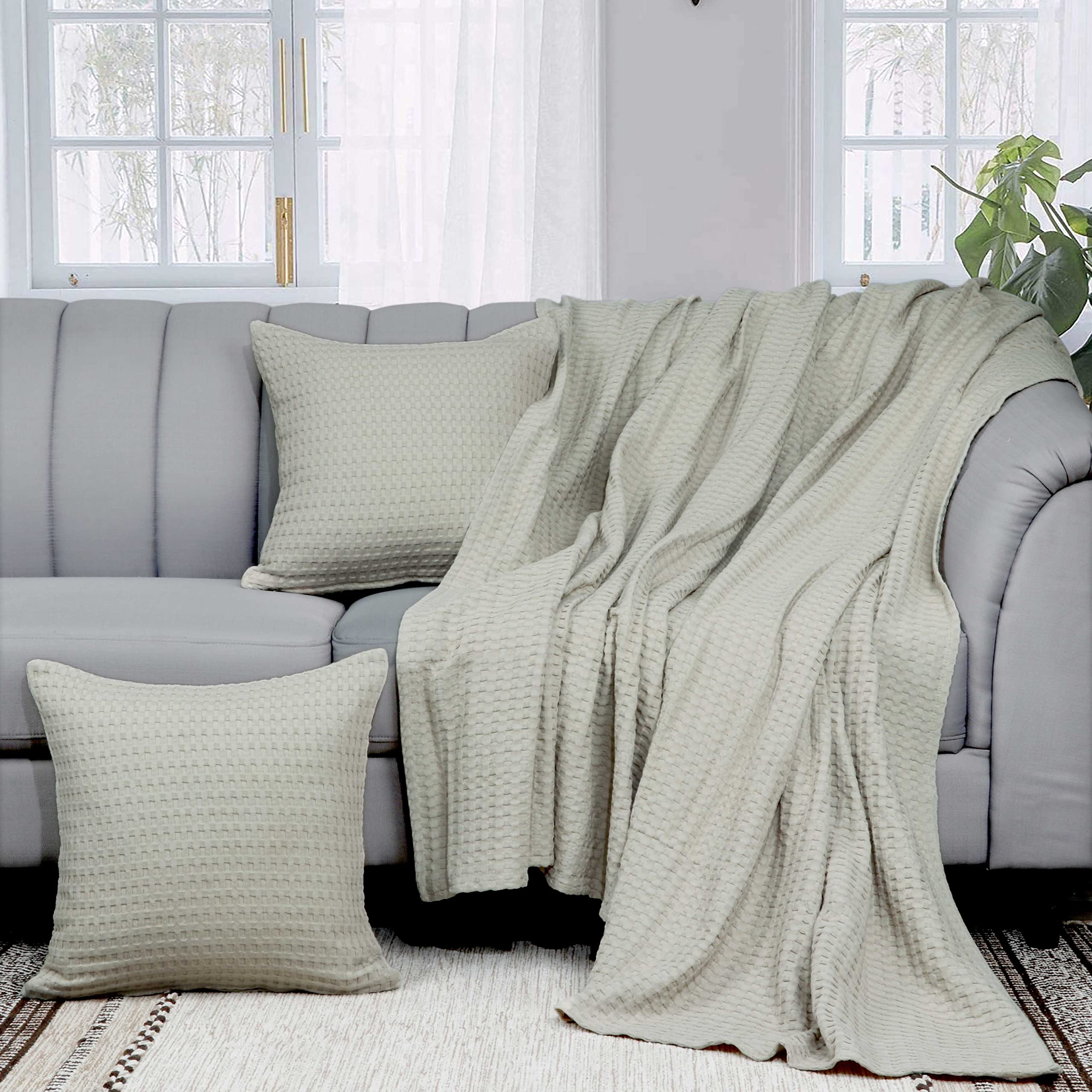 Tex Trend 100% Cotton Queen Size Waffle Weave Blanket - Lightweight & Breathable All-Season Bed Blanket, Soft Woven Throw for Couch, Sofa & Bedroom, Khaki, 90x90 Inches - Perfect for Fall, Winter & Cozy Home Decor