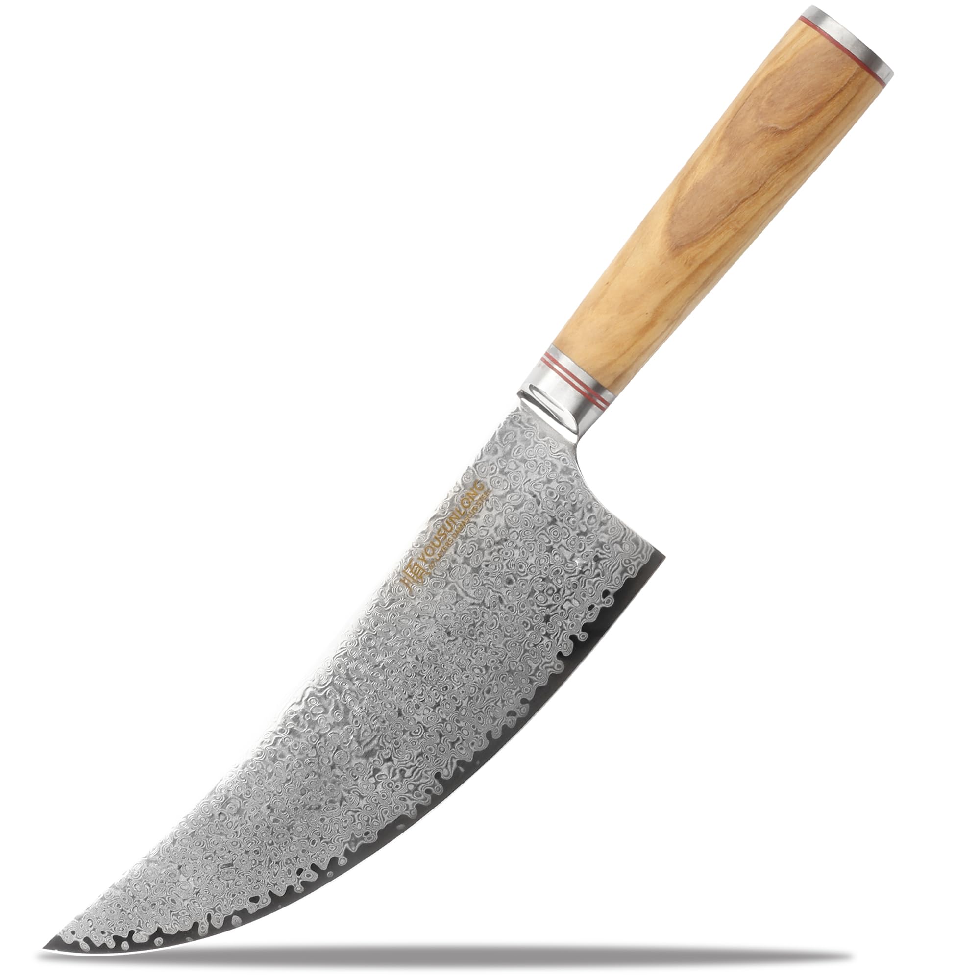 YOUSUNLONG 8'' Damascus High Carbon Steel Butcher Cleaver Knife with Italian Olive Wood Handle & Leather Sheath - Professional Meat Cleaver for Cutting Beef, Pork, BBQ - Perfect for Home Kitchens, Butcher Shops, and Outdoor Grilling