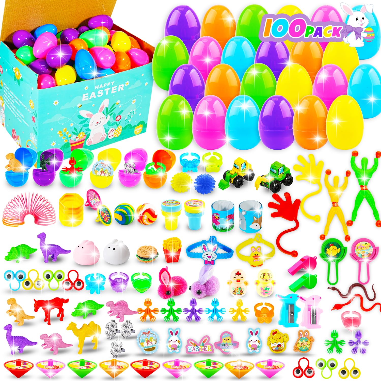 100 Pcs Prefilled Easter Eggs with Assorted Toys - Plastic Easter Basket Stuffers for Kids - Easter Egg Hunt & Party Favors - Perfect for Easter Celebrations, Classroom Activities & Birthday Party Games