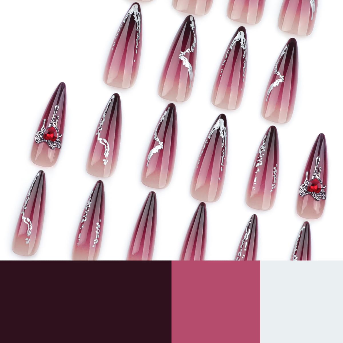 Red Stiletto Press on Nails with Heart Charms - 24PCS Long Ombre False Nails, Full Cover Glue on Artificial Nails for Women | Perfect for Valentine's Day, Date Night & Special Occasions