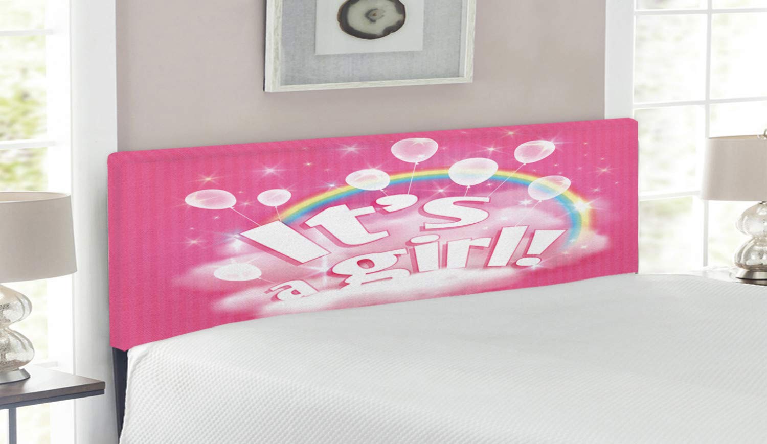 Ambesonne Gender Reveal Headboard - 'It's a Girl' Design with Rainbow Balloons & Clouds - Upholstered Decorative Metal Bed Headboard with Memory Foam - Queen Size Pale Pink - Perfect for Baby Showers, Nursery Decor & Gender Reveal Parties