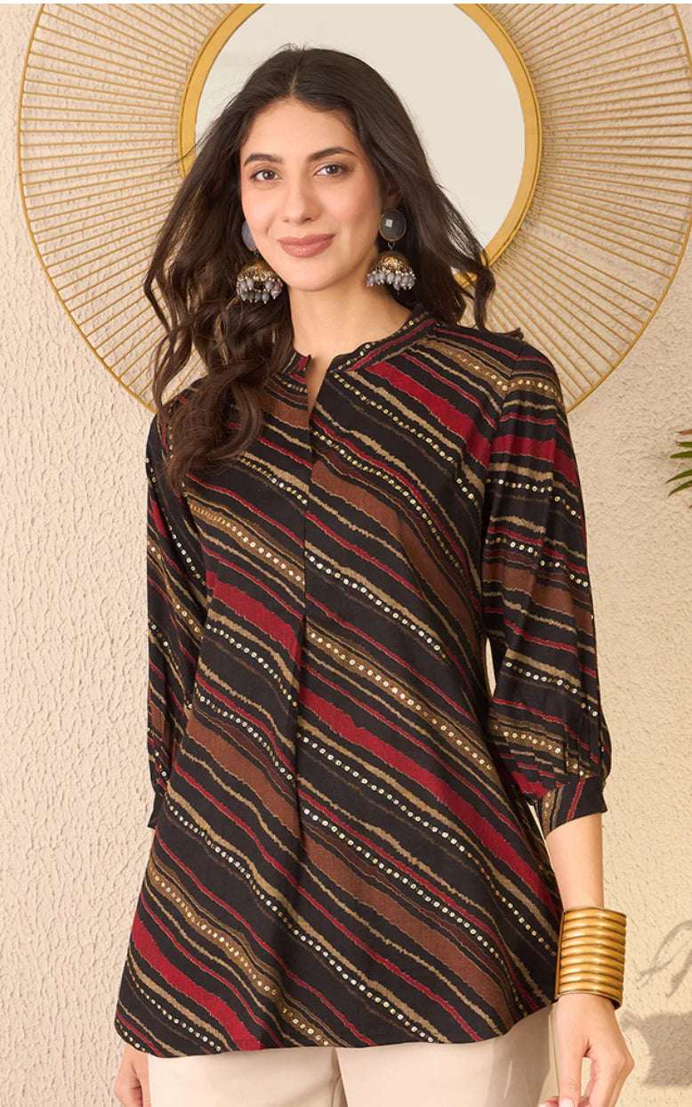 Stylish Black Cotton Blend Leheriya Printed Tunic Top for Women | Comfortable & Fashionable Casual Wear | Perfect for Office, Party & Daily Outfits