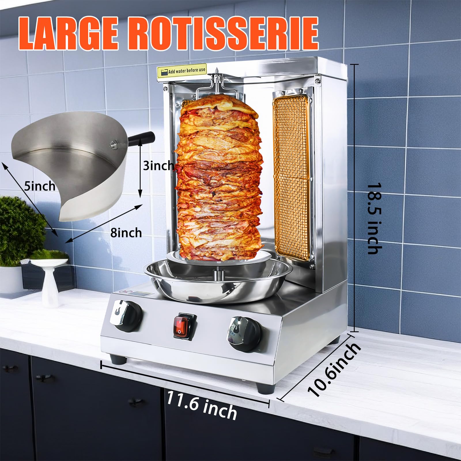KOOTEN Vertical Shawarma Machine - Propane Gyro Grill, Chicken Roaster & Doner Kebab Maker with 2 Burners & Meat Catch Pan - Perfect for Restaurants, Food Trucks & Catering Events