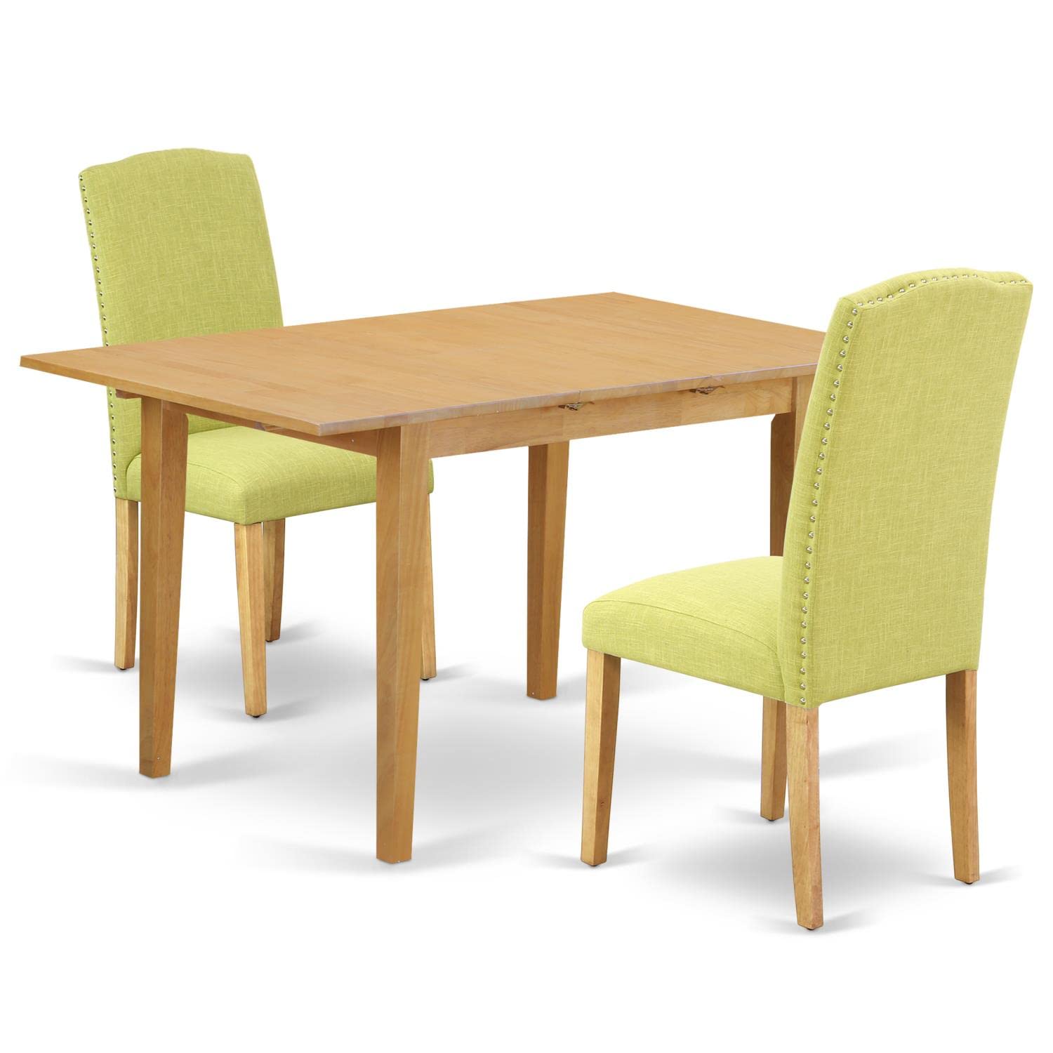 East West Furniture 3 Piece Dining Set - Rectangle Oak Table with Butterfly Leaf & 2 Limelight Fabric Chairs, 32x54 Inch | Perfect for Small Spaces, Breakfast Nooks & Cozy Dining Areas