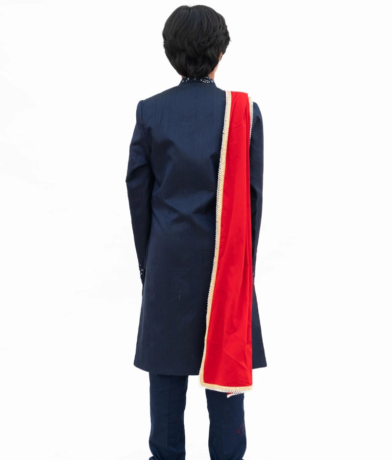 Blue Silk Sherwani with Matching Pant & Red Stole - Premium Indian Wedding Attire for Groom & Groomsmen - Perfect for Weddings, Festivals & Special Occasions