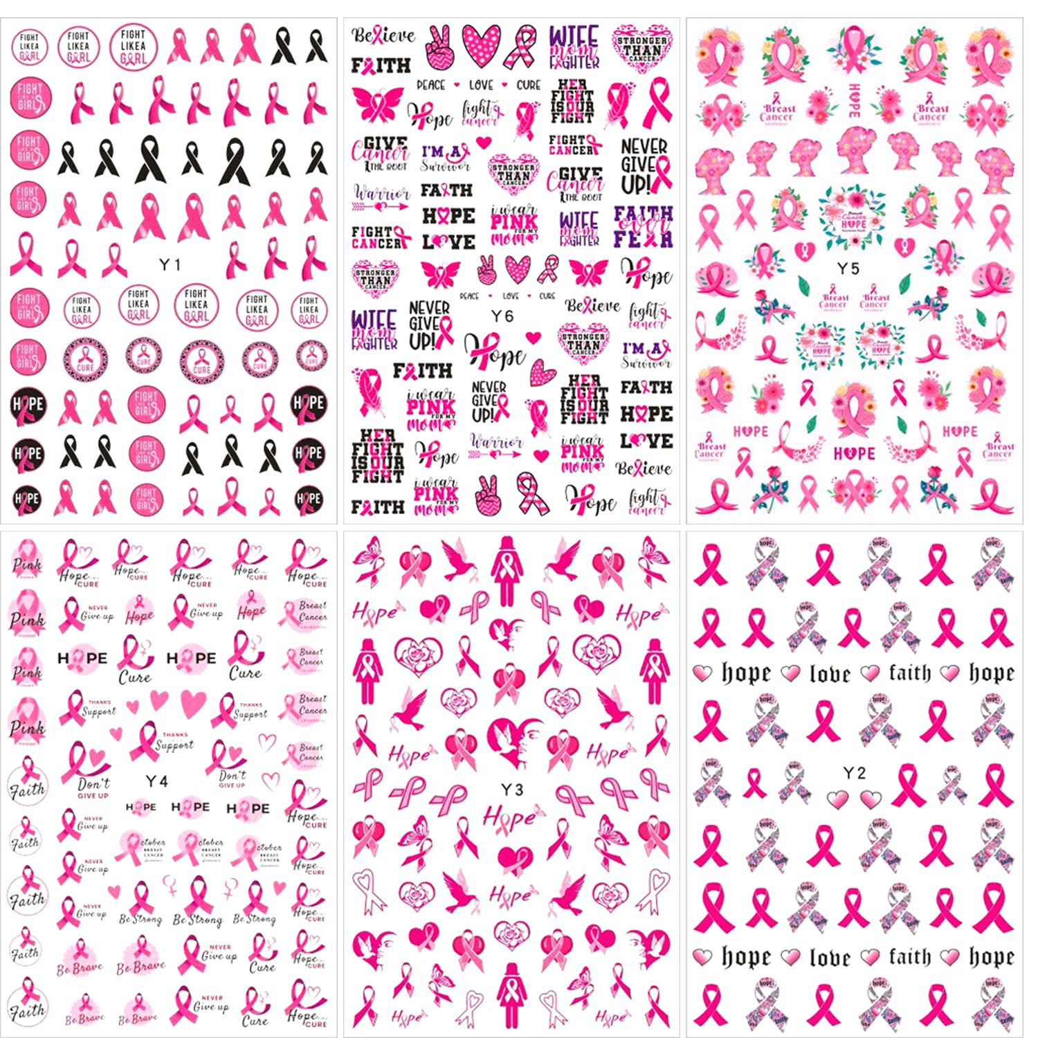 3D Pink Ribbon Breast Cancer Awareness Nail Art Stickers - Self-Adhesive Nail Decals with Heart Design for DIY Manicure - 6 Sheets for Women & Girls - Perfect for Fundraisers, Awareness Events & Supportive Nail Art