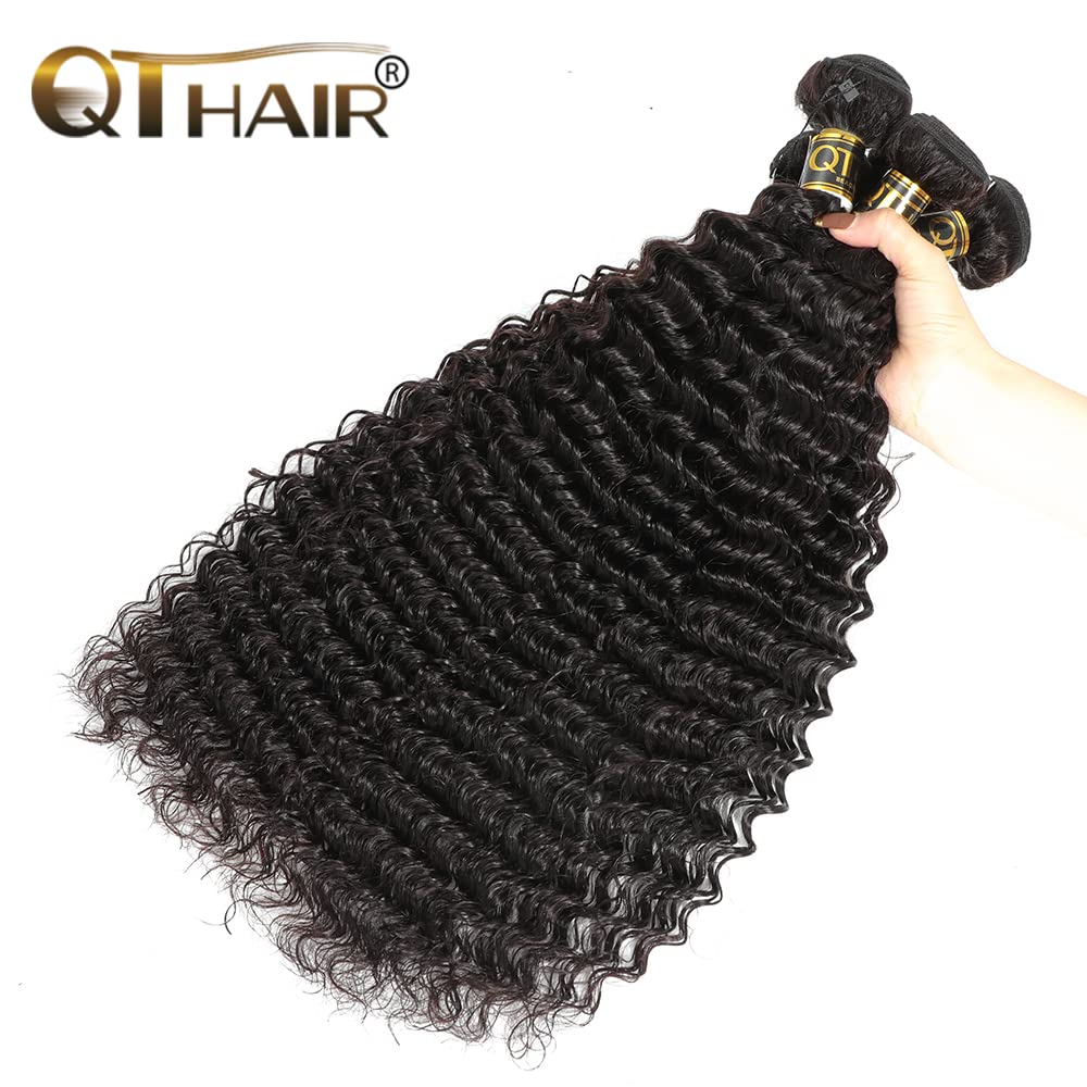 QTHAIR 14A Deep Wave Human Hair Bundles 24 26 28 Inch - 100% Unprocessed Brazilian Virgin Hair, Double Weft Deep Curly Weave (3 Bundles, Natural Color) - Perfect for Protective Styles, Weaves & Natural-Looking Extensions