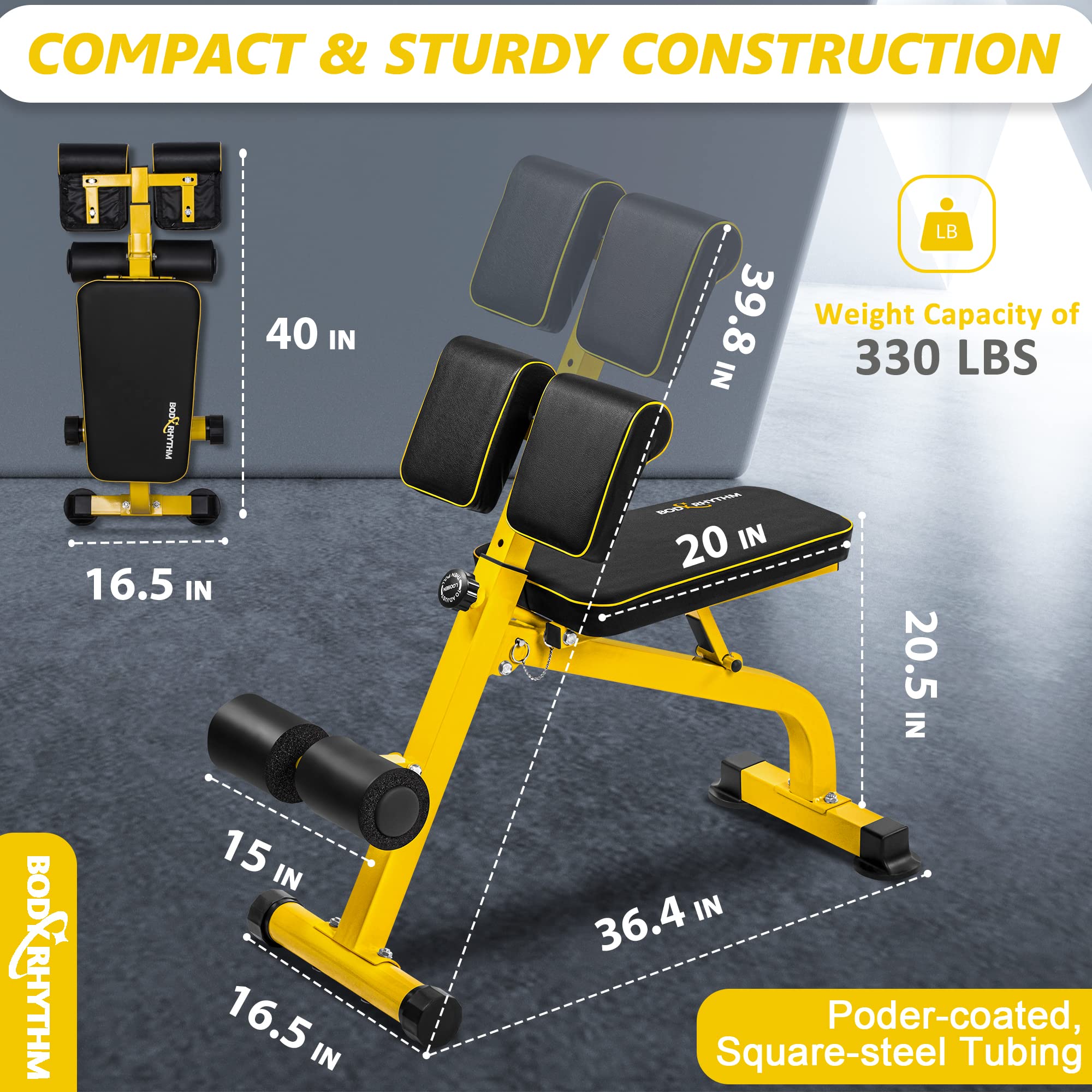 BODYRHYTHM Adjustable Weight Bench - Multifunctional Home Gym Equipment for Strength Training, Ab Workouts & Back Exercises | Foldable Design for Small Spaces | Perfect for Full Body Workouts, Sit-ups & Hyperextensions