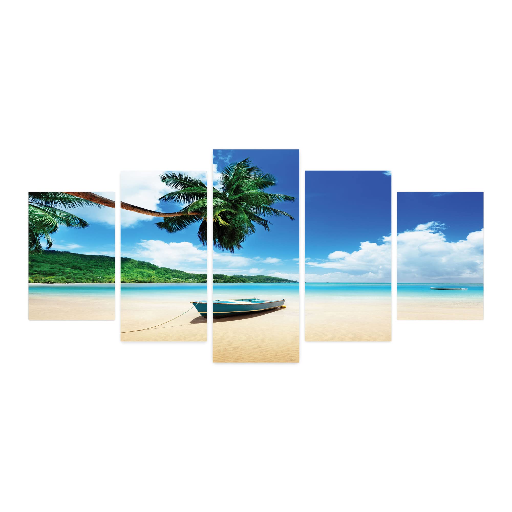 Ambesonne 5-Panel Acrylic Glass Wall Art - Boat on Mahe Island Lagoon Seychelles Beach Landscape - 60x30 Inch Coastal Decor for Living Room, Bedroom, Dorm - Blue Green Sand Brown - Perfect for Beach House, Office & Coastal Theme Interior Design
