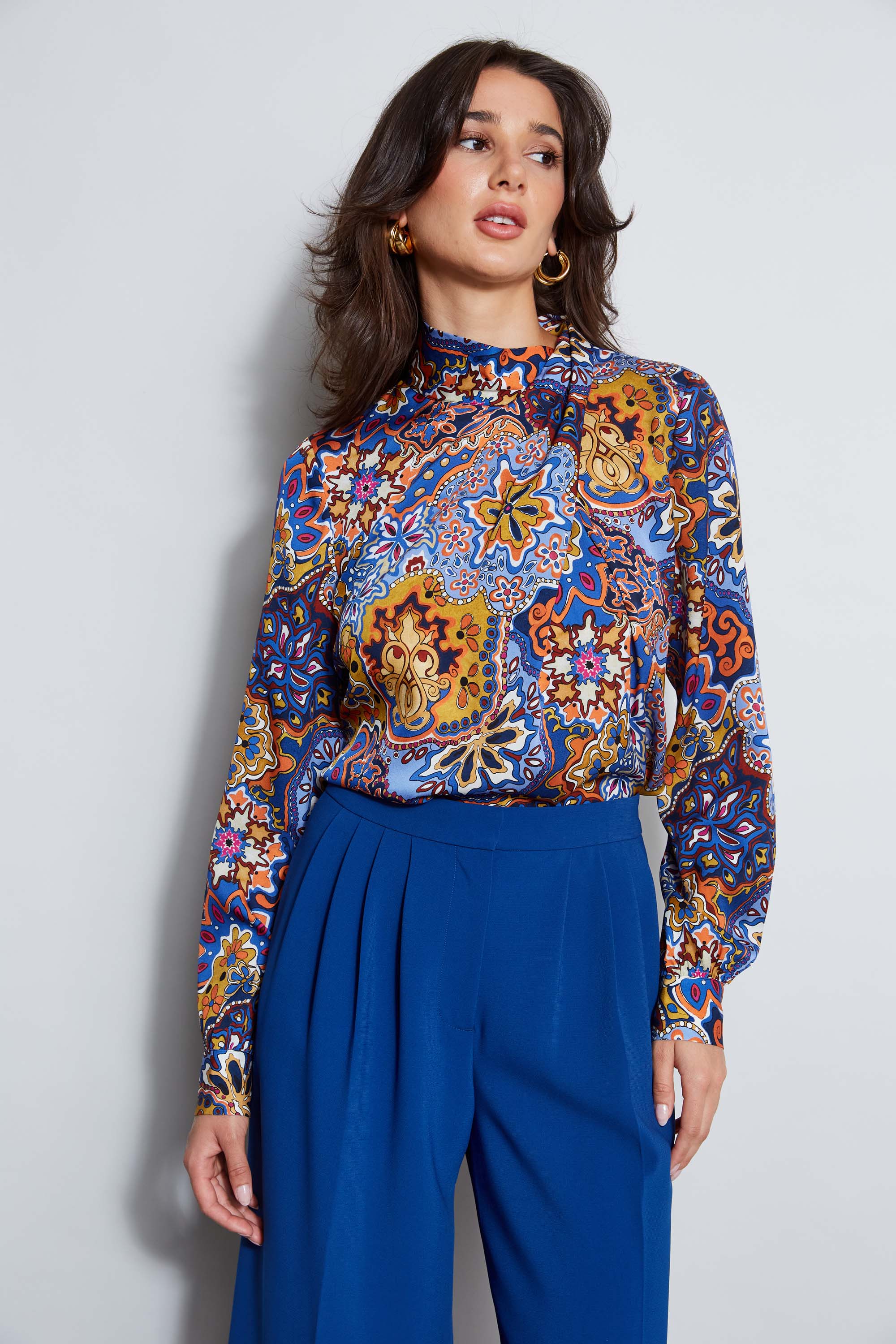 Silk Draped Shirt for Women - Elegant Night Garden Print Blouse for Evening Wear & Special Occasions