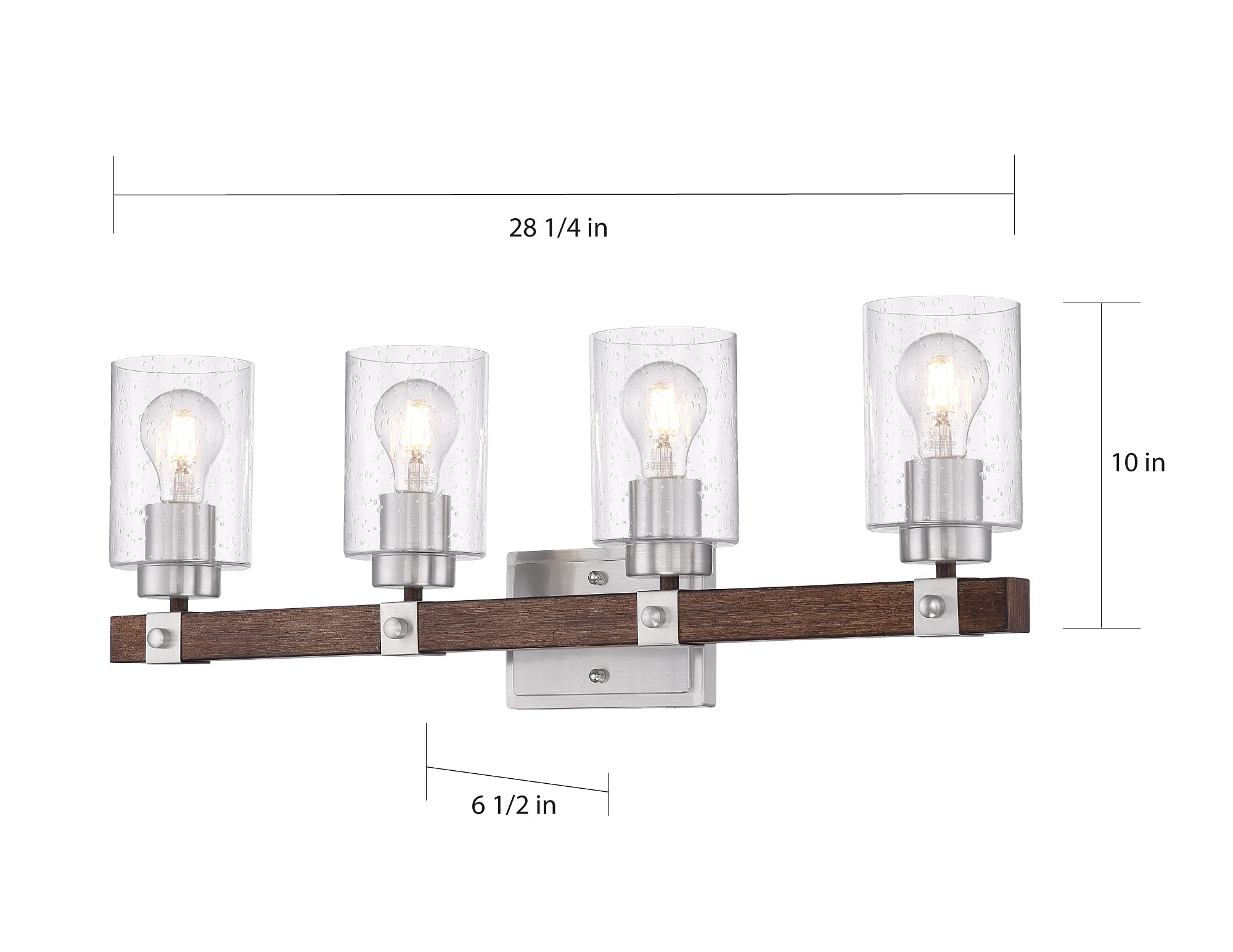 Nuvo 60/6964 Arabel Vanity Light Fixture - Brushed Nickel & Nutmeg Wood Finish with Clear Seeded Glass - 4-Light Bathroom Sconce for Modern Home Decor (Perfect for Bedroom, Bathroom, and Dressing Room Lighting)