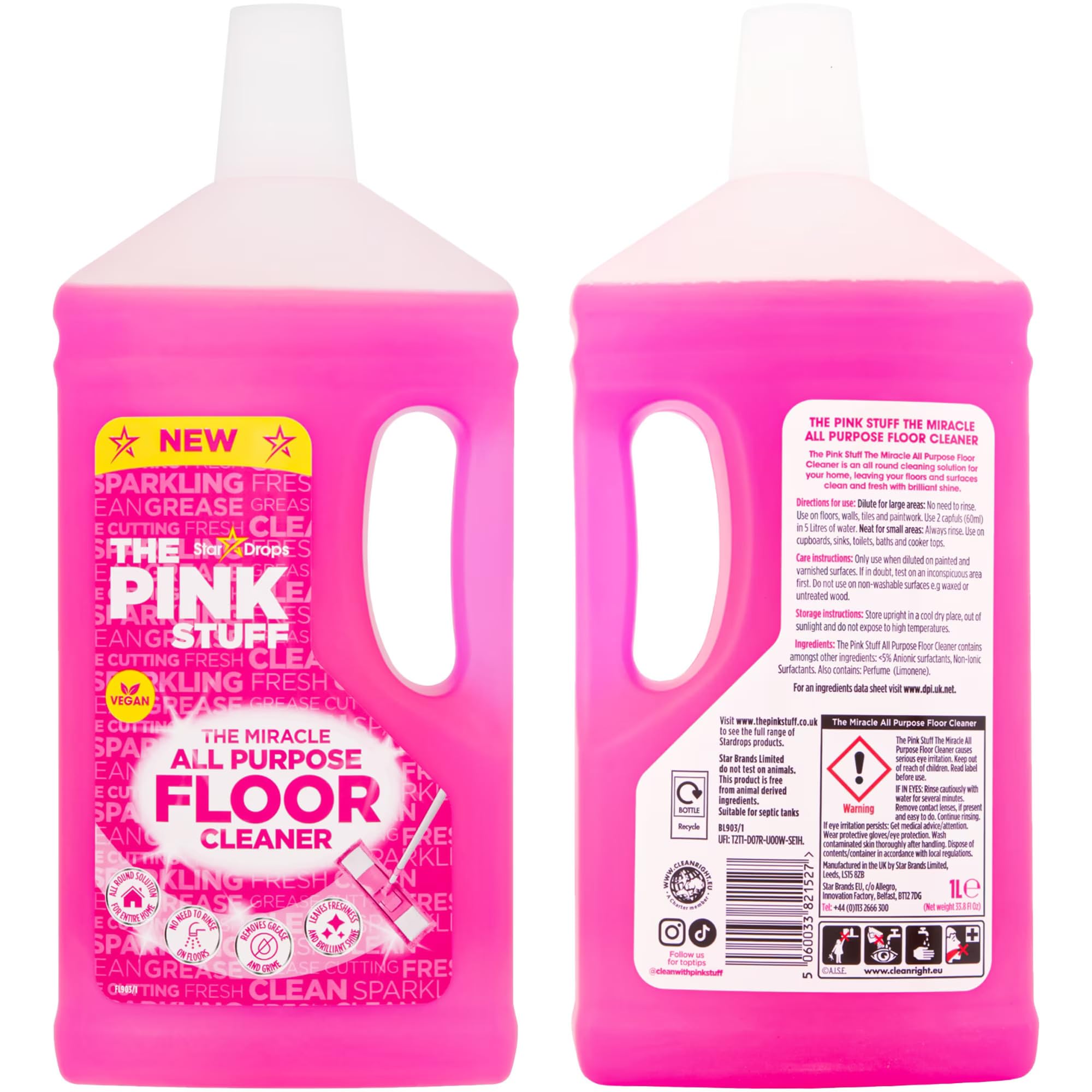 Stardrops The Pink Stuff Miracle All-Purpose Floor Cleaner 33.8 fl oz - Powerful Stain Remover for Tile, Vinyl & Hardwood Floors - Ideal for Kitchen, Bathroom & High-Traffic Areas
