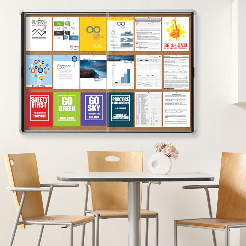 Premium Enclosed Indoor Cork Bulletin Board with Sliding Glass Doors - Silver Frame for Office, Classroom, or Home Organization & Memo Display