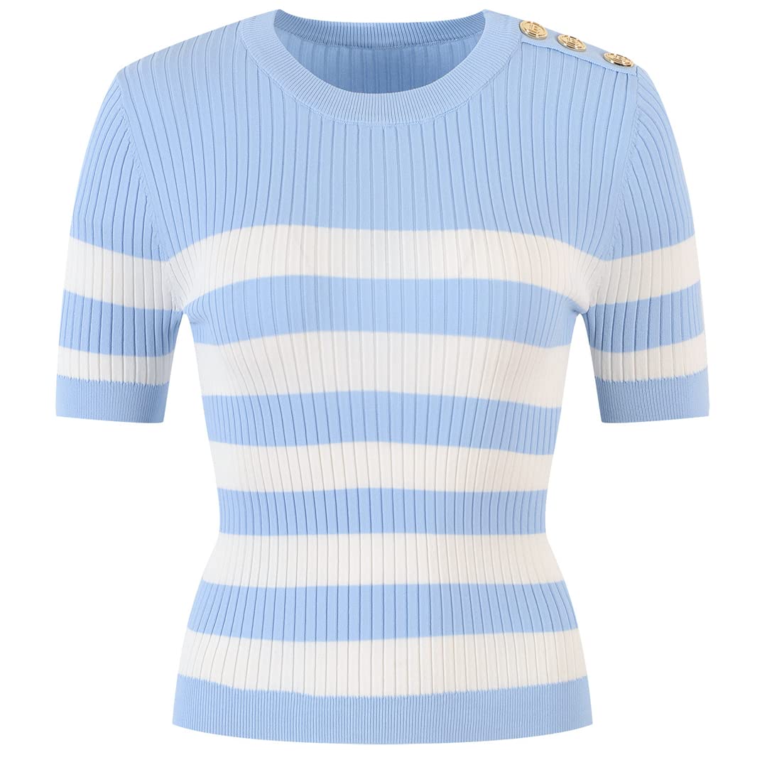 Women's Gold Button Short Sleeve Striped Knit Sweater - Loose Fit Casual Pullover Blue Top for Summer | Office Wear, Weekend Outfits & Beach Cover-Up