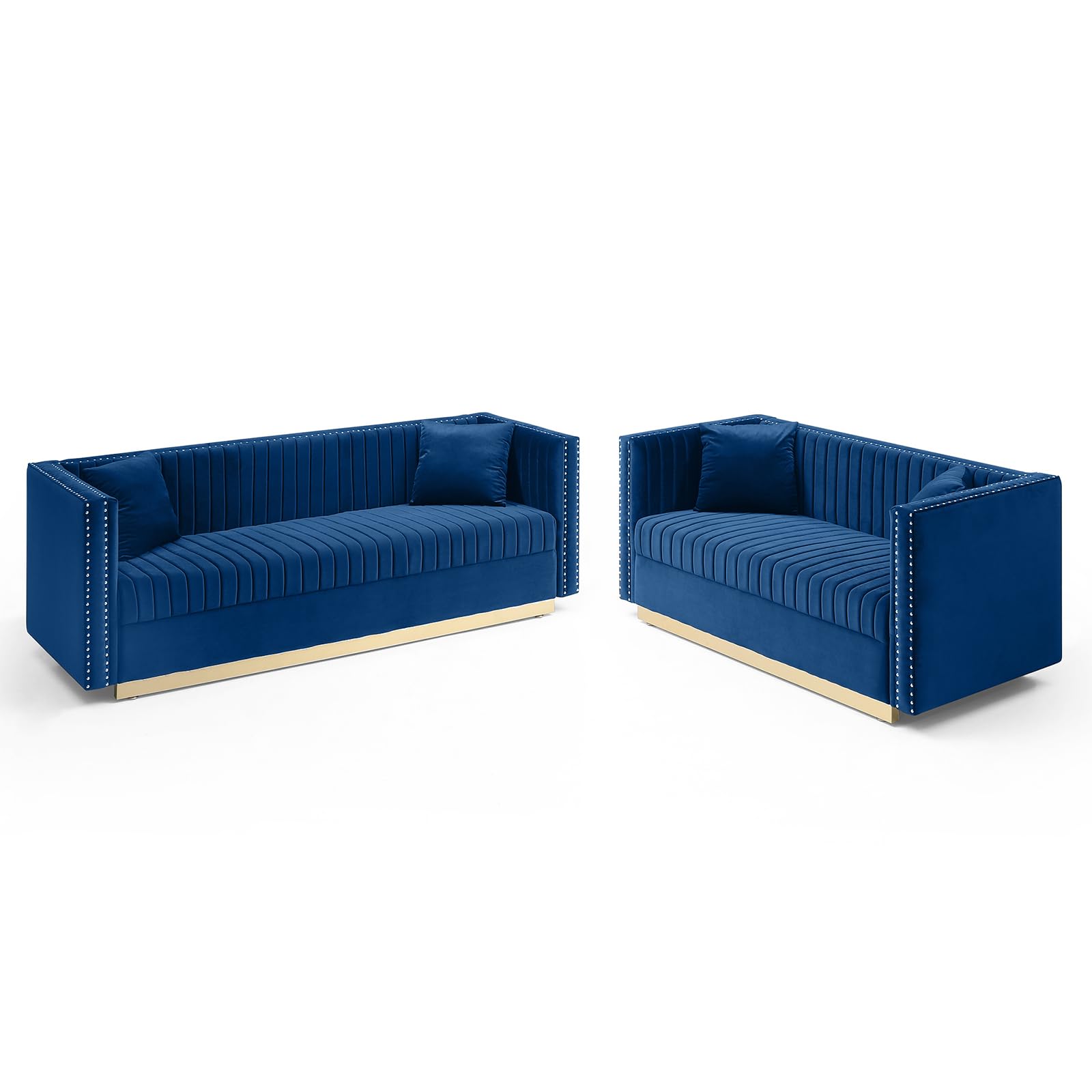 KIVENJAJA 2-Piece Velvet Sofa Set - Modern Channel Tufted Loveseat & Couch with 4 Pillows, Nailhead Trim & Gold Base in Navy Blue - Perfect for Living Room, Lounge & Small Spaces