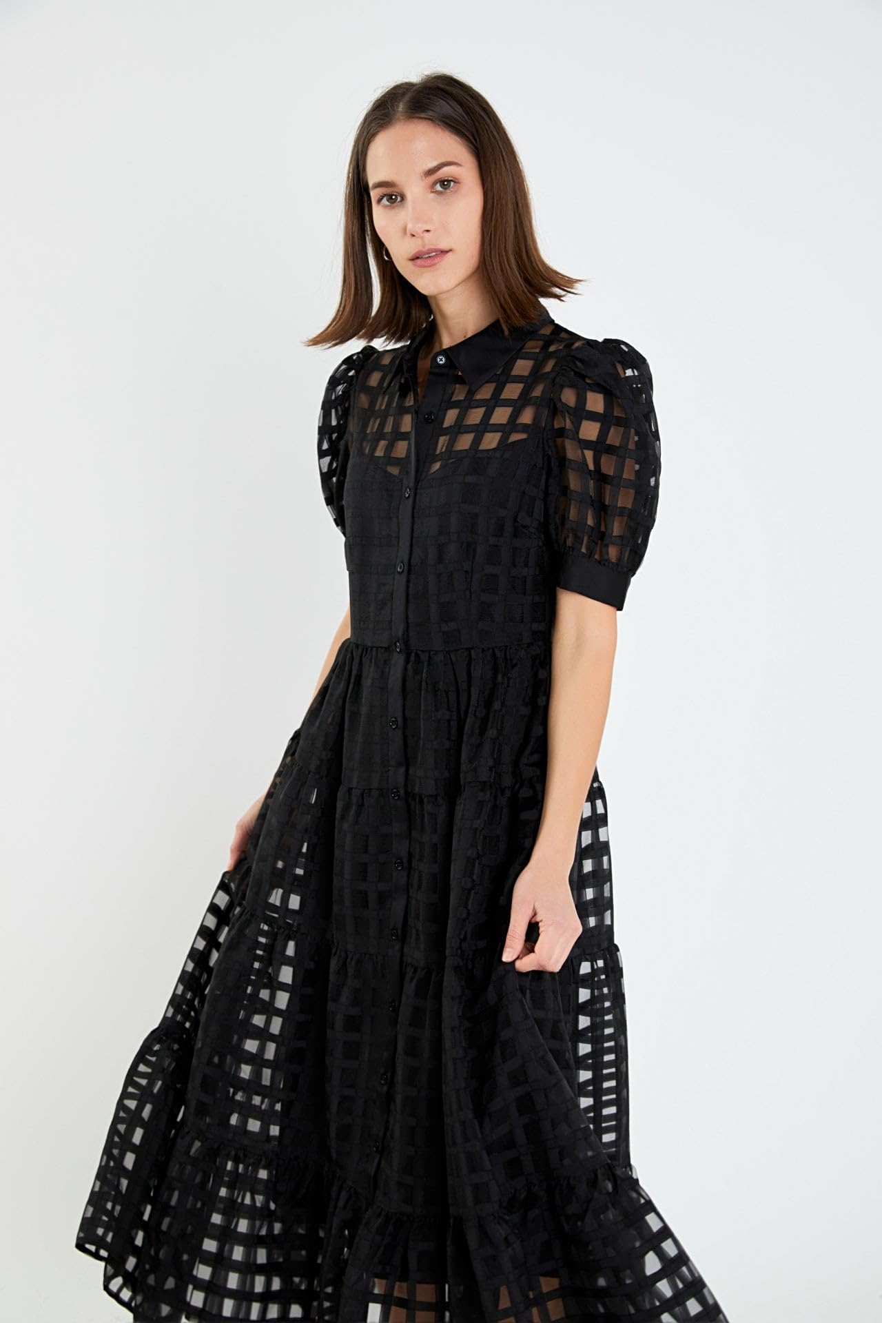English Factory Women's Gridded Organza Tiered Maxi Dress - Elegant Flowy Summer Wedding Guest Dress for Beach Parties & Formal Occasions