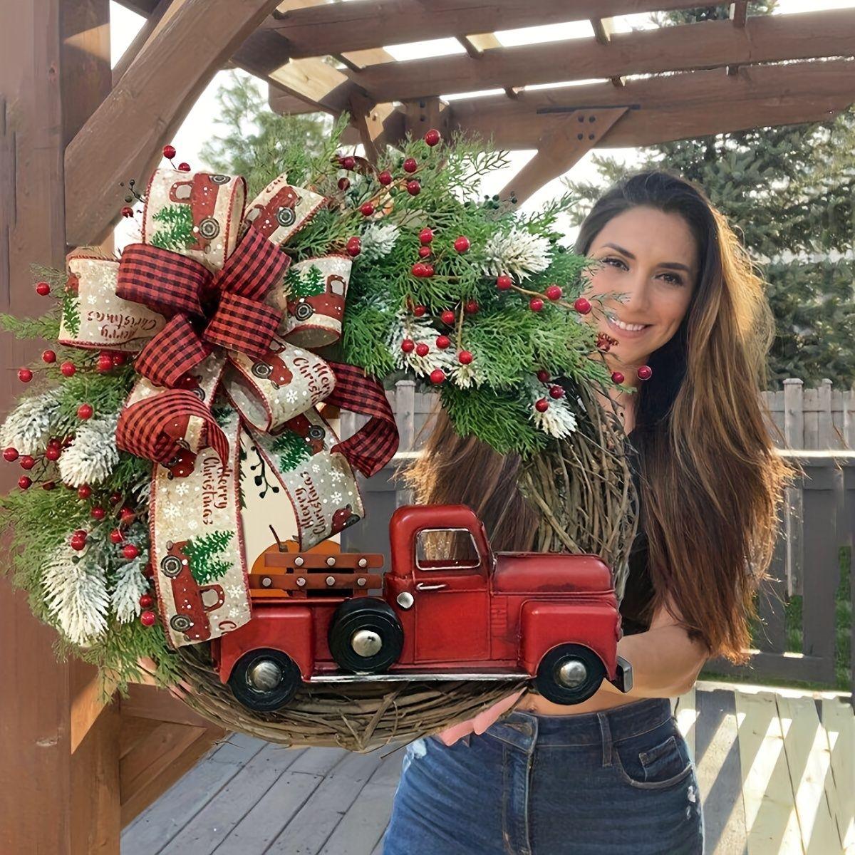 1pc Large Christmas Wreath with Red Truck - Front Door Hanging Holiday Decorations for Home, Xmas Tree & Fireplace Mantel Decor - Perfect for Holiday Season & Winter Home Décor