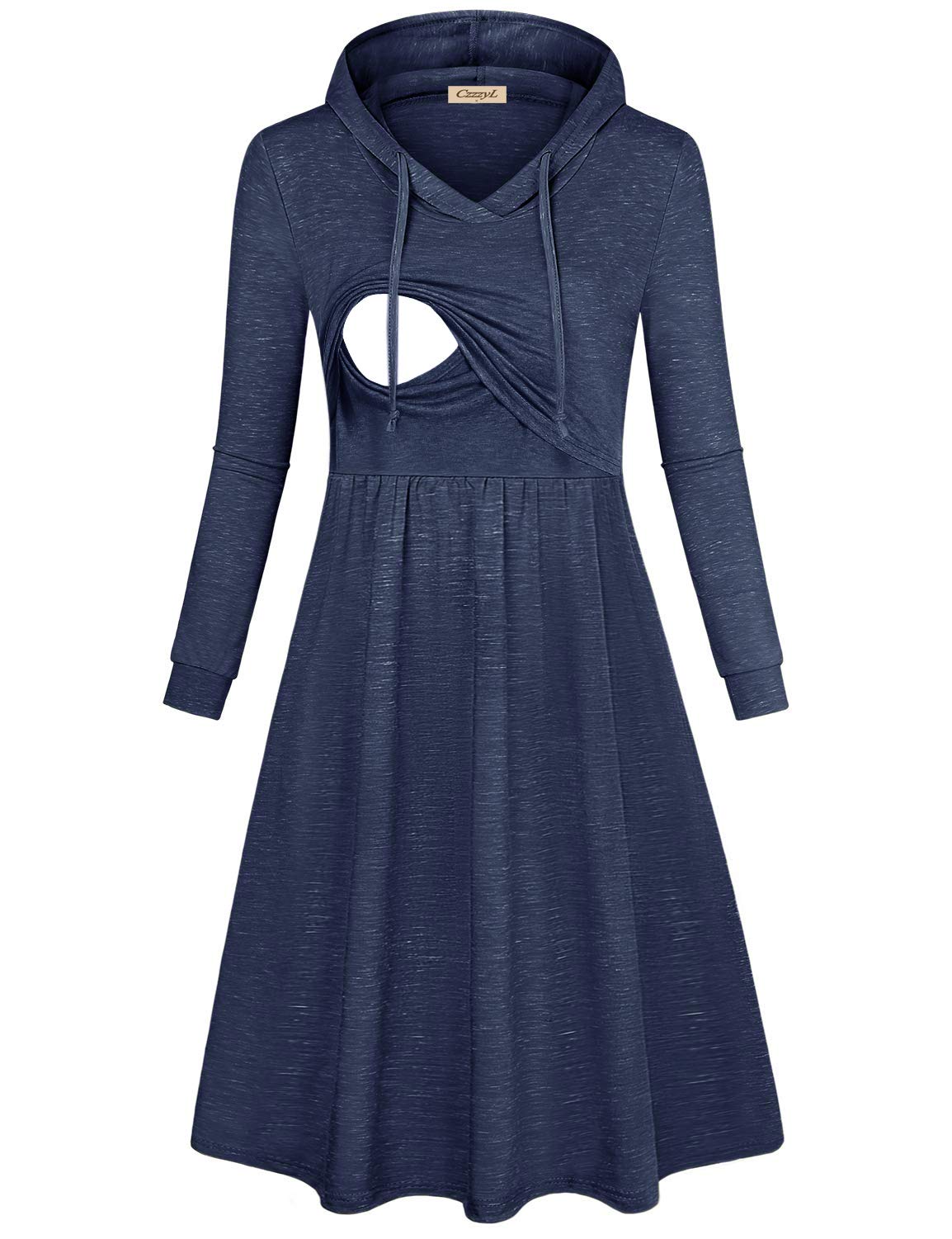 Women's Long Sleeve Pleated Swing Midi Nursing Dress with Hood - Comfortable Maternity & Nursing Dress for Breastfeeding - Perfect for Casual Outings, Baby Showers & Everyday Wear