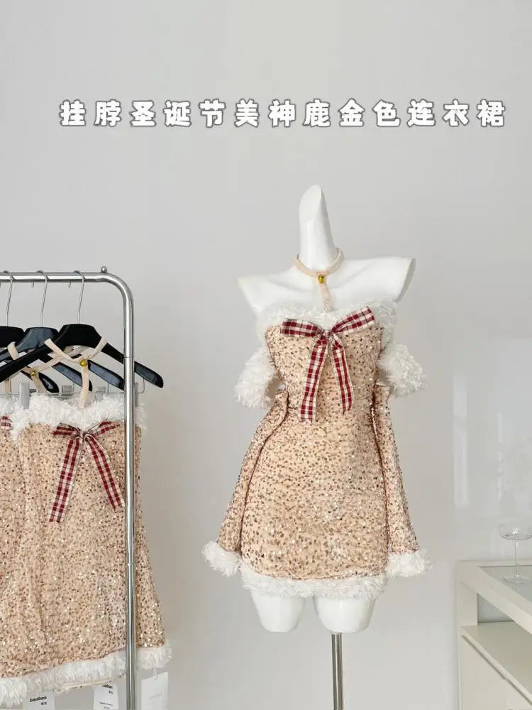 Elegant Gold Sequin Patchwork Halter Mini Dress for Women - Backless Bow Design, Slim Fit, Sexy Wrapped Hip, Korean Fashion | Perfect for Cocktail Parties, Date Nights & Special Occasions