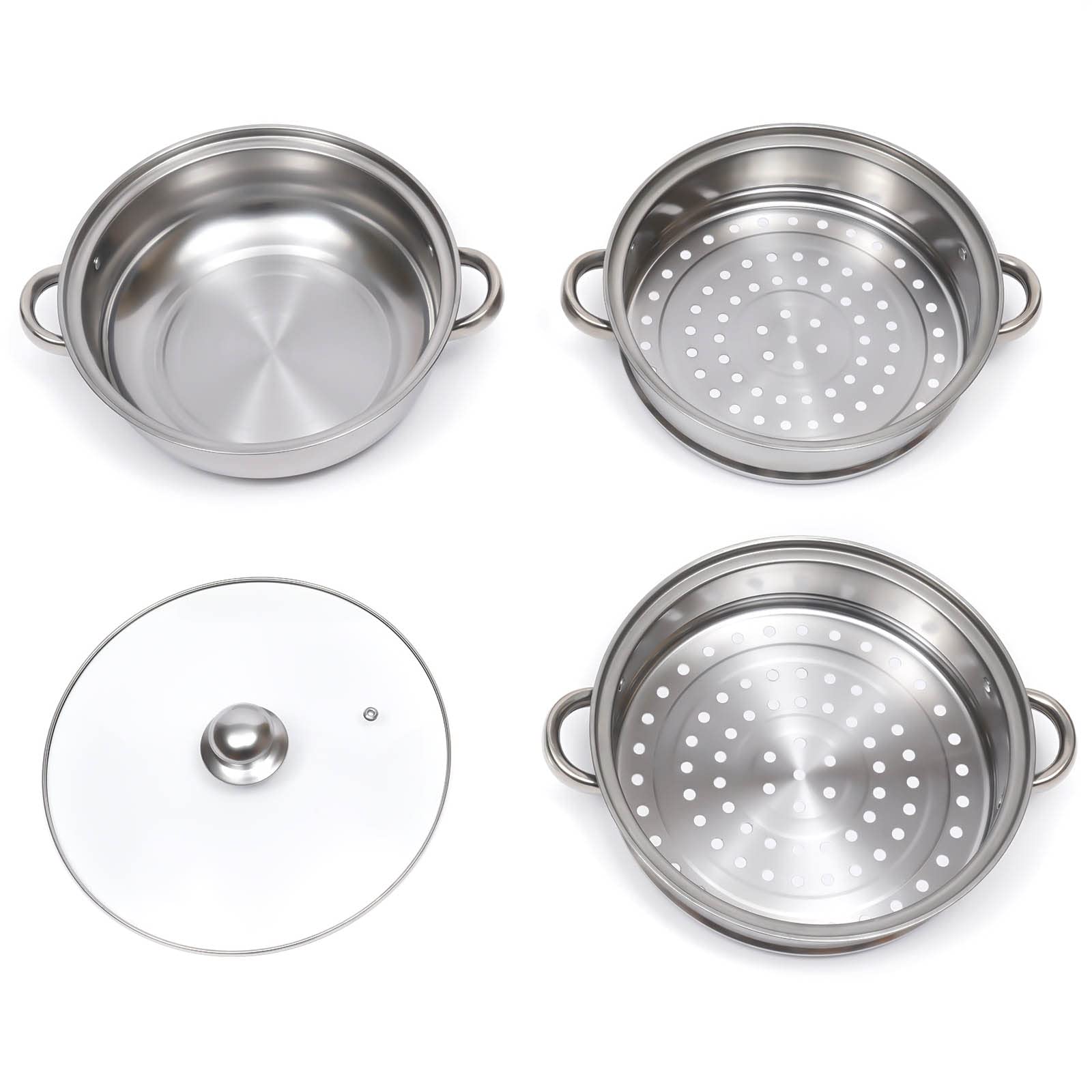 3-Tier Stainless Steel Steamer Pot with Explosion-Proof Glass Lid - 11 Inch Stackable Cookware Set for Induction, Gas & Electric Stoves - Perfect for Steaming Vegetables, Seafood and Dumplings at Home