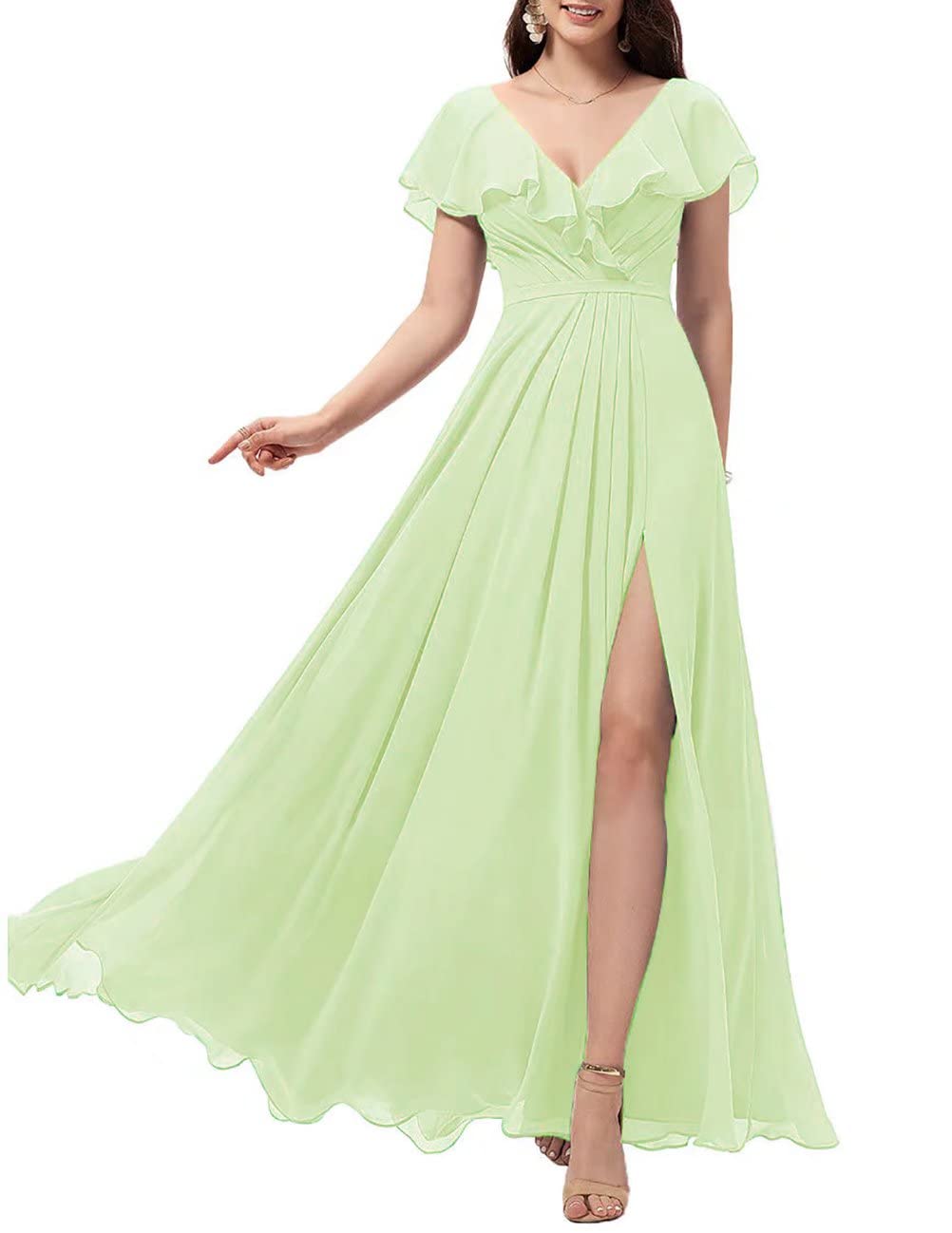 SoDigne Women's Long Chiffon Formal Dress with Ruffle Sleeves & V-Neck Slit - Elegant Bridesmaid Gown for Evening Parties, Weddings, and Special Occasions