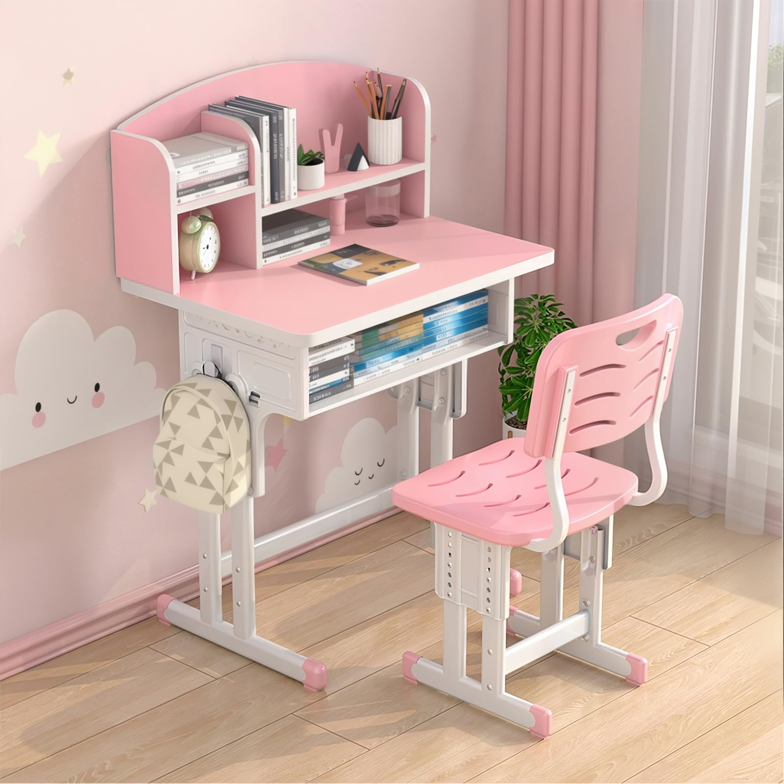 **Ergonomic Adjustable Kids Desk and Chair Set with Storage Drawer & Book Stand - 70cm Pink Study Desk for Home or School - Perfect for Homework, Reading & Online Learning**