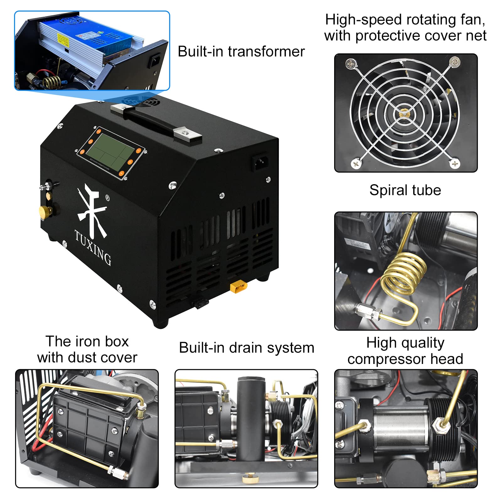 TUXING 4500Psi PCP Air Compressor with Auto-Stop & Water Cooling System - High Pressure Air Compressor for Scuba Diving Tanks, PCP Air Rifles, Paintball - 110V Electric Air Pump (TXET063) | Perfect for Outdoor Sports, Hunting & Underwater Adventures