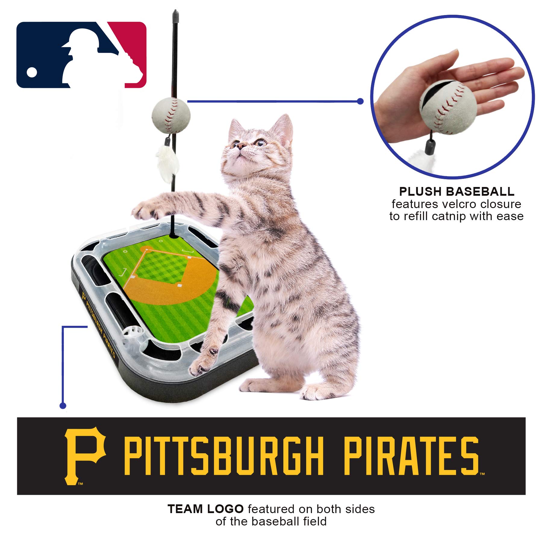 Pittsburgh Pirates Baseball Field Cat Scratcher Toy with Interactive Ball & Bell - 5-in-1 Cat Toy Set Includes Wand, Catnip Plush Baseball & Feathers - Perfect for Playtime, Exercise & Indoor Entertainment for Cats