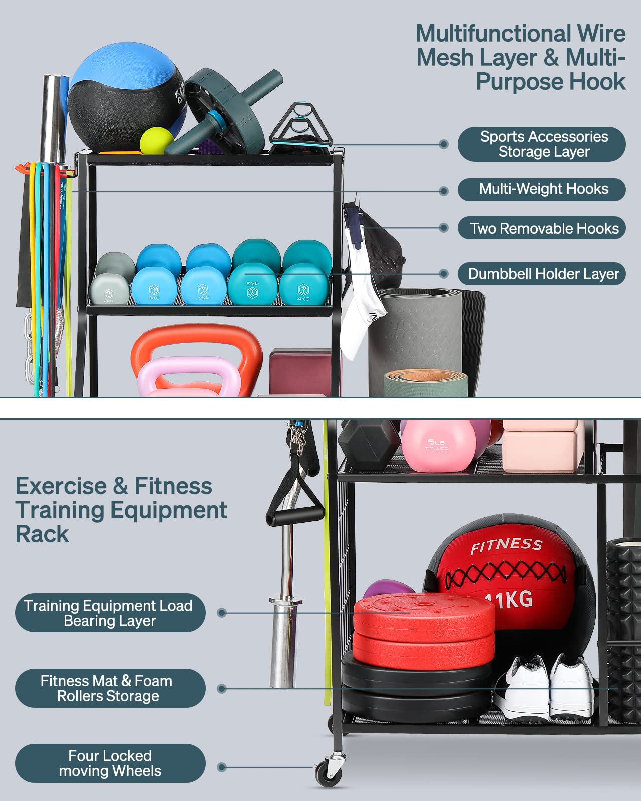 Dumbbell Rack with Wheels & Hooks - Heavy Duty Gym Storage Stand for Weight Plates, Home Workout Equipment Organizer | Perfect for Yoga Mat Storage, Strength Training Gear & Compact Home Gym Setup