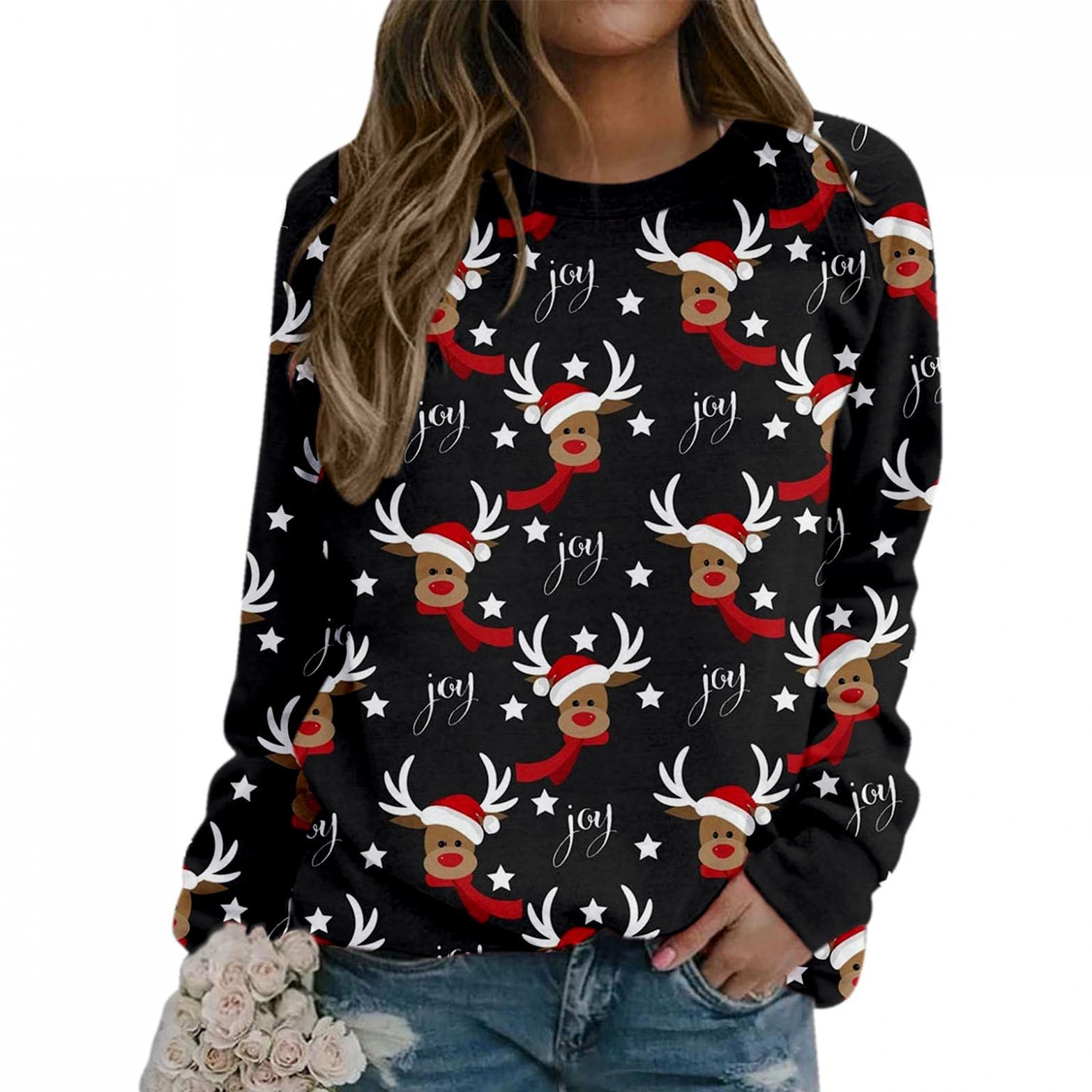 Women's Christmas Sweaters - Cute Holiday Reindeer Print Long Sleeve Sweatshirts for Dressy Casual Wear | Perfect for Christmas Parties, Family Gatherings & Festive Outfits