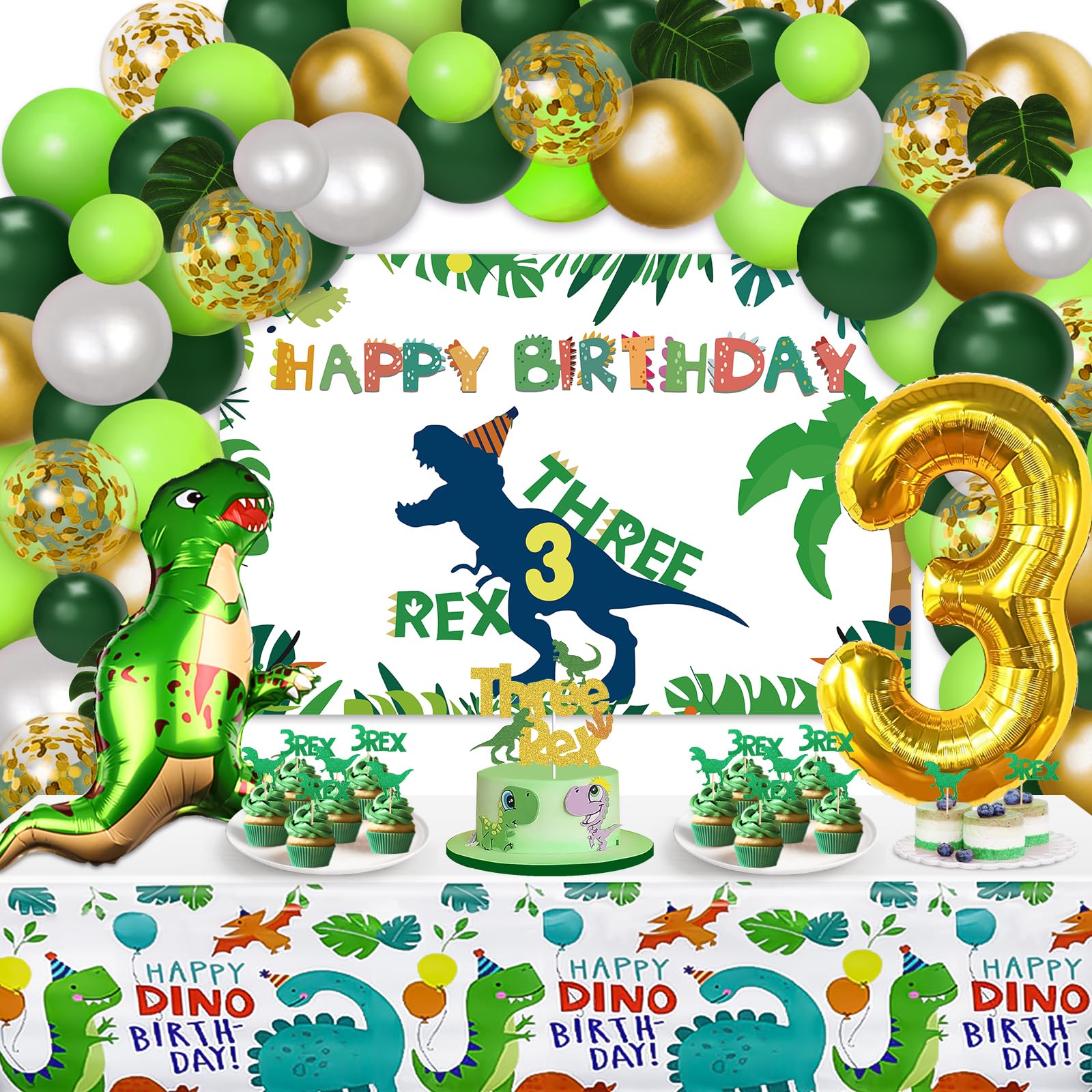 3 Rex Dinosaur Birthday Party Decorations for Boys - 3rd Birthday Backdrop, Balloon Kit, Tablecloth & Cake Toppers | Dino Theme Party Supplies for Kids' Birthday Celebration