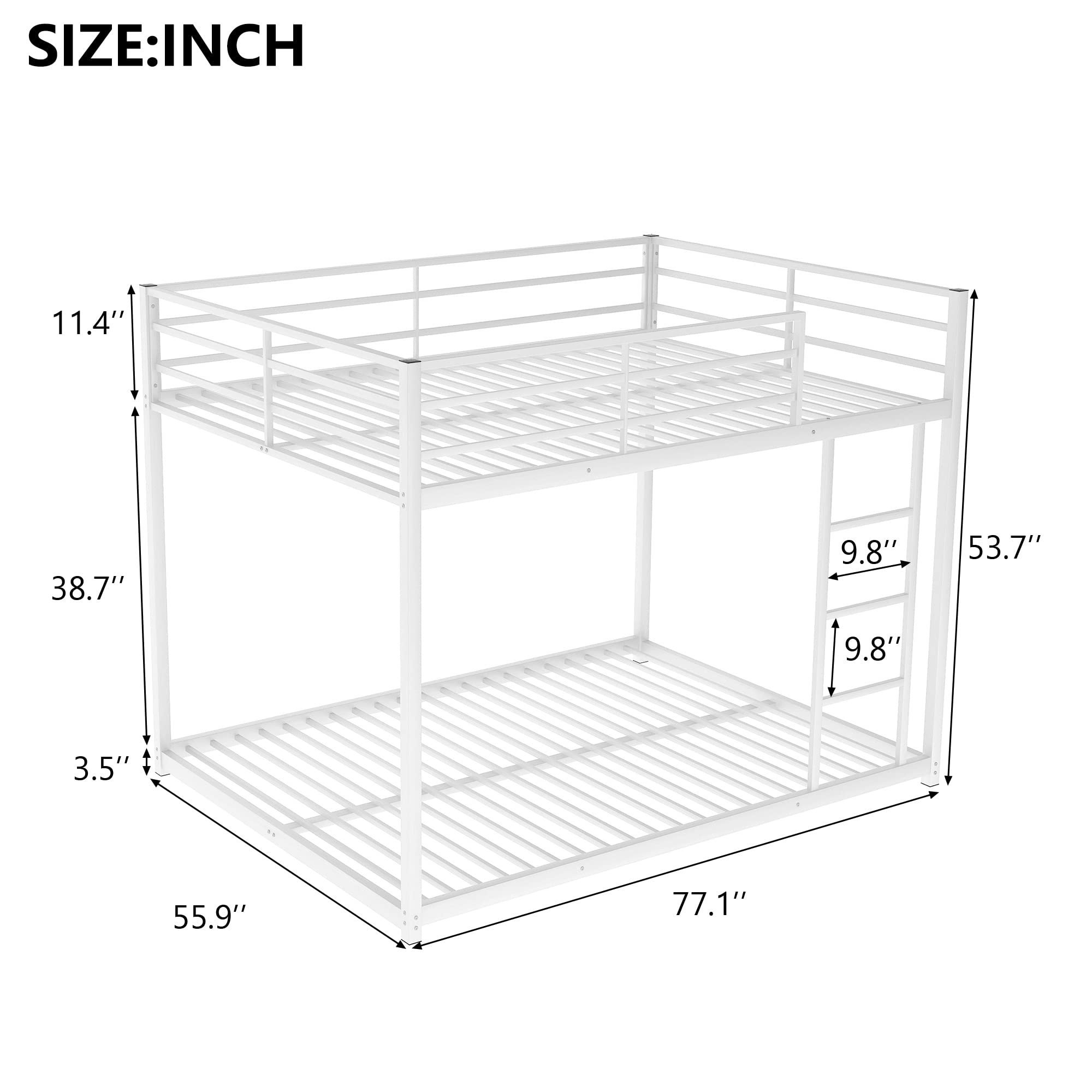 Full Over Full Metal Bunk Bed - Heavy Duty Low Profile Bunk Bed with Safety Guard Rails & Ladder for Kids, Teens & Adults - No Box Spring Required (Full Size, White Finish) - Perfect for Small Bedrooms, Dorms, Guest Rooms & Vacation Homes