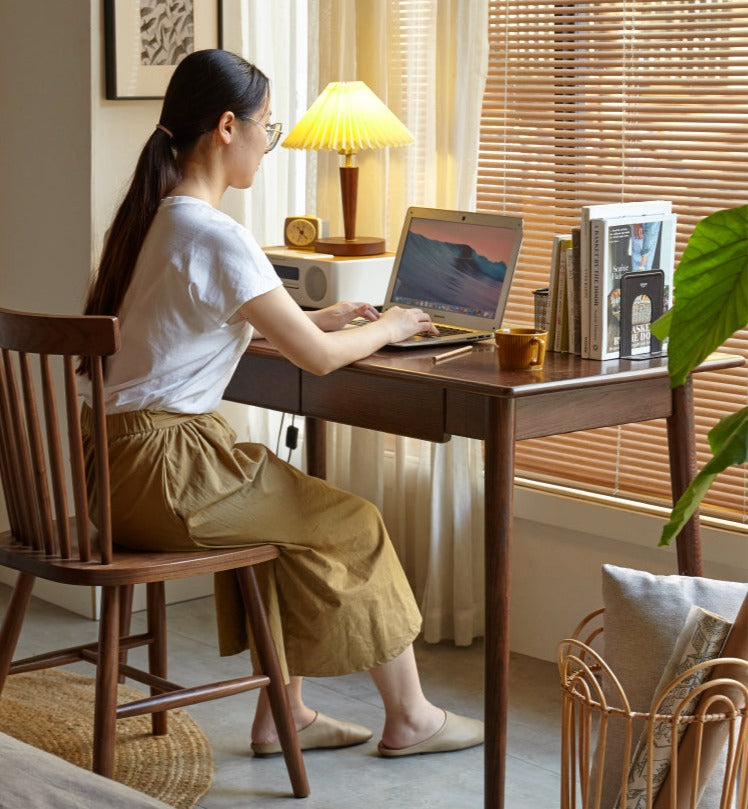 Solid Oak Wood Office Desk with Spindle-Shaped Slanted Legs - Modern Home Office Furniture for Work & Study