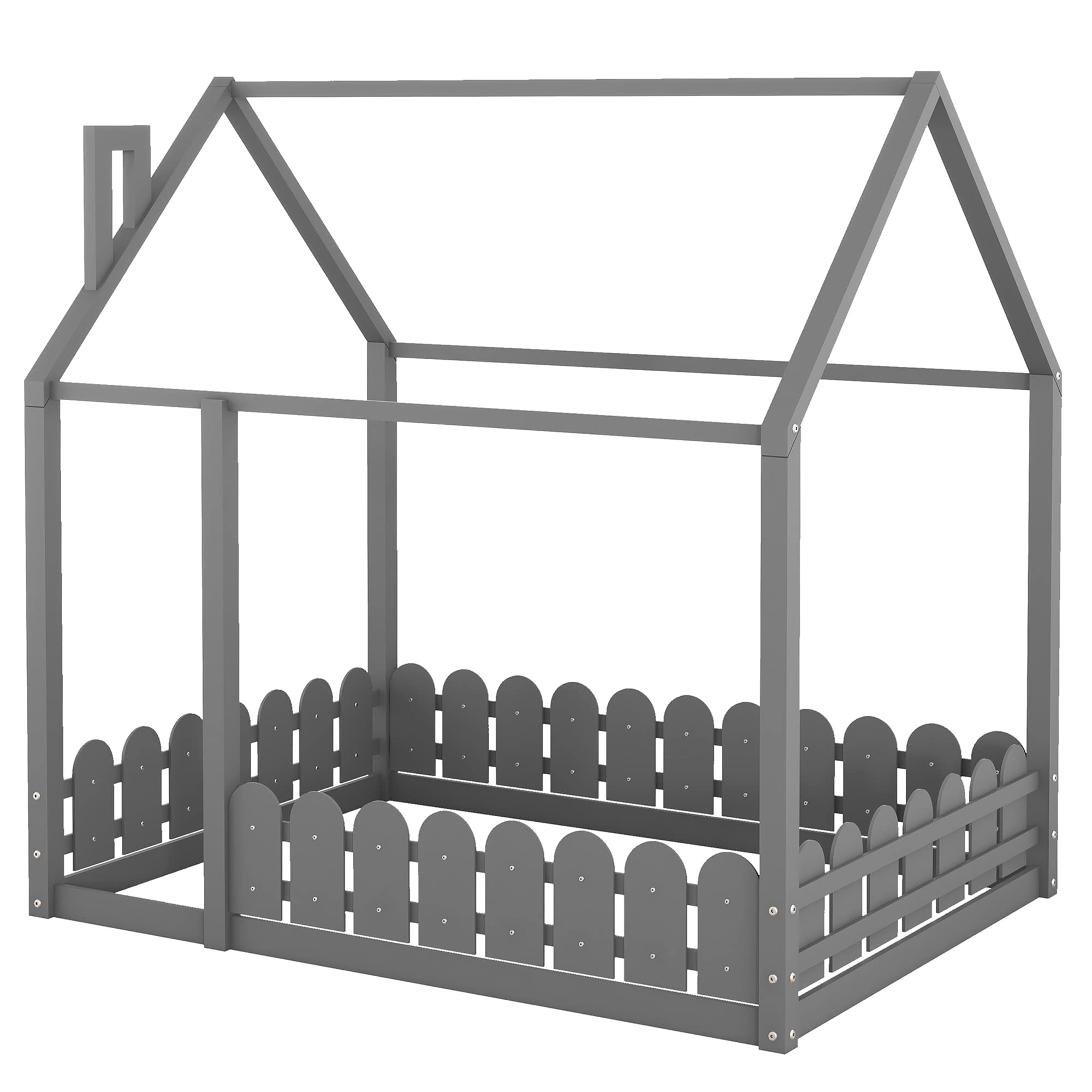P PURLOVE Full Wood House Bed Frame with Fence-Style Guardrails for Kids & Teens - Gray (Slats Not Included) - Perfect for Nursery, Bedroom & Kids Room Decor