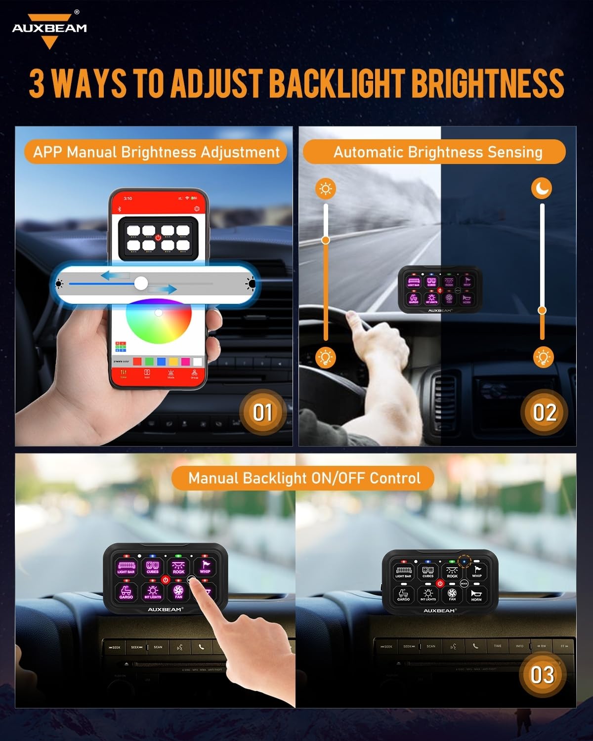 Auxbeam 8 Gang Switch Panel Bluetooth RGB AC-800 with APP & Remote Control - Waterproof Toggle Switch Panel for Truck, Offroad, UTV, ATV, Car, Marine (12-24V) - 2 Year Warranty | Perfect for Off-Road Adventures, Marine Applications & Vehicle Customization