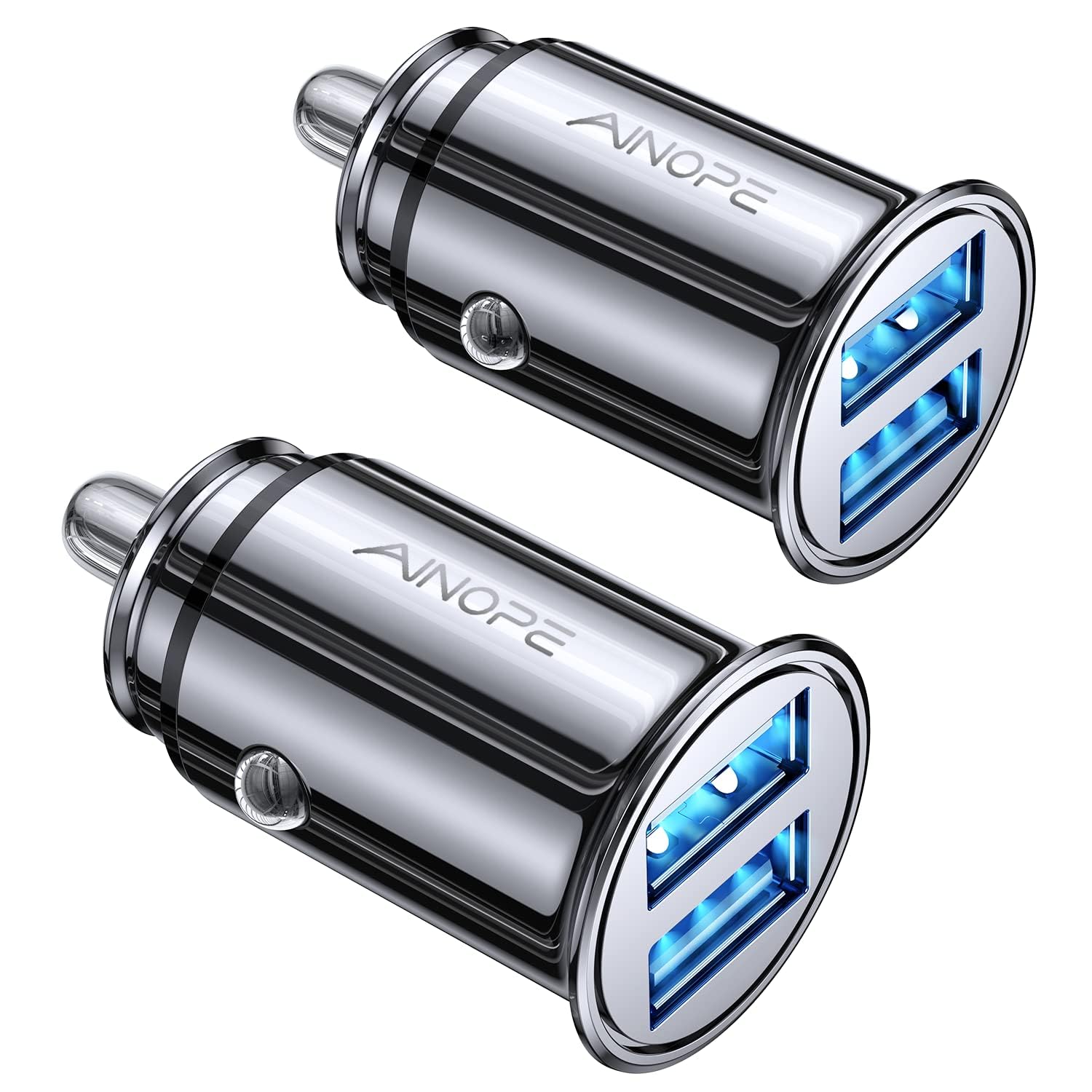 AINOPE 2-Pack 4.8A Fast Mini USB Car Charger Adapter - Dual Port Metal Cigarette Lighter Charger for iPhone 16/15/14/13/12/Pro Max/8 Plus/XR, Samsung Galaxy S24/S23/S10, iPad - Silver | Perfect for Road Trips & Daily Commuting