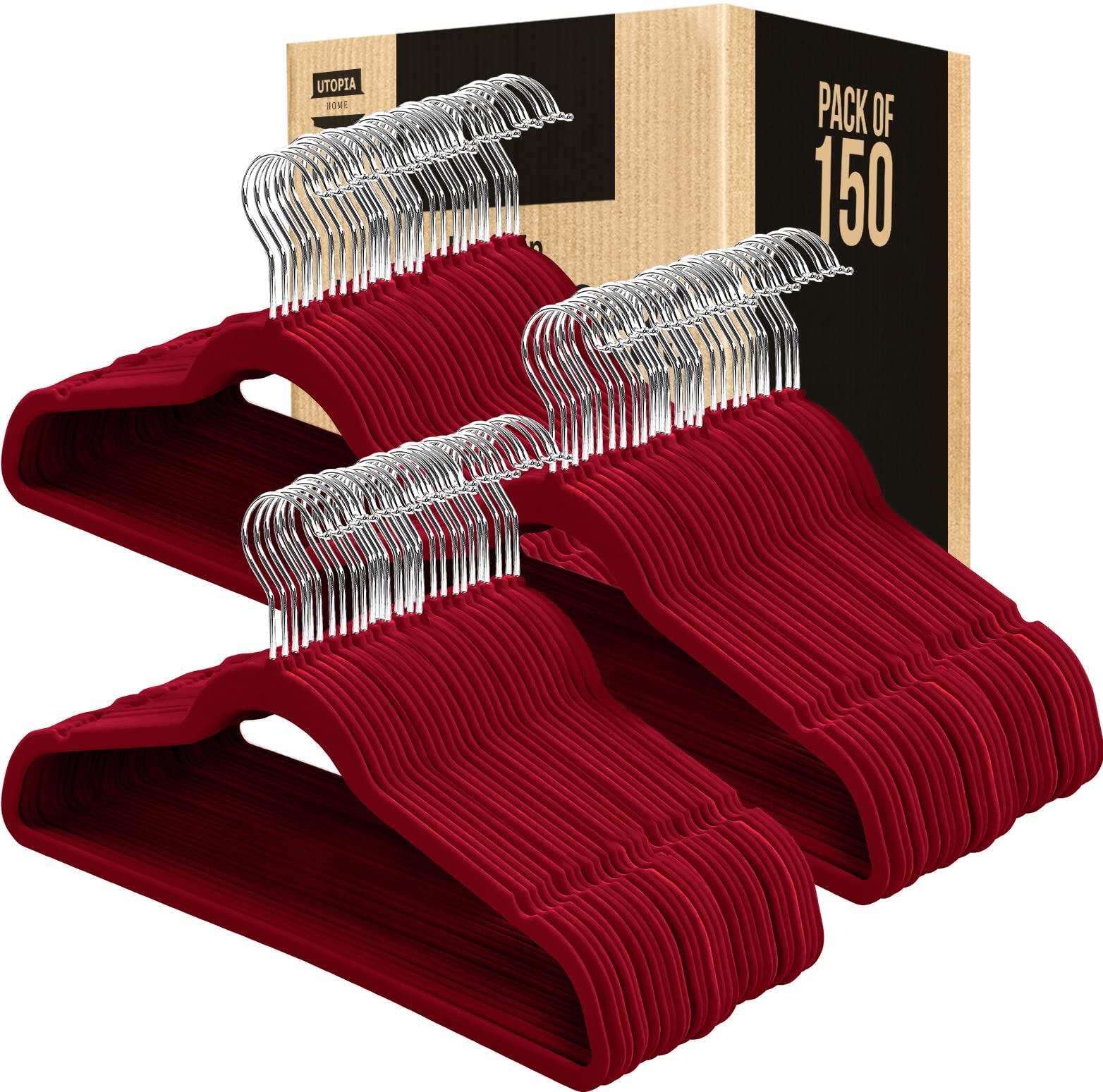 Utopia Home 150 Pack Velvet Non-Slip Hangers - Burgundy Clothes Hangers with 360° Rotating Hooks for Heavy Duty Coats & Pants - Space Saving Wardrobe Organization for Closet, Laundry Room & Travel