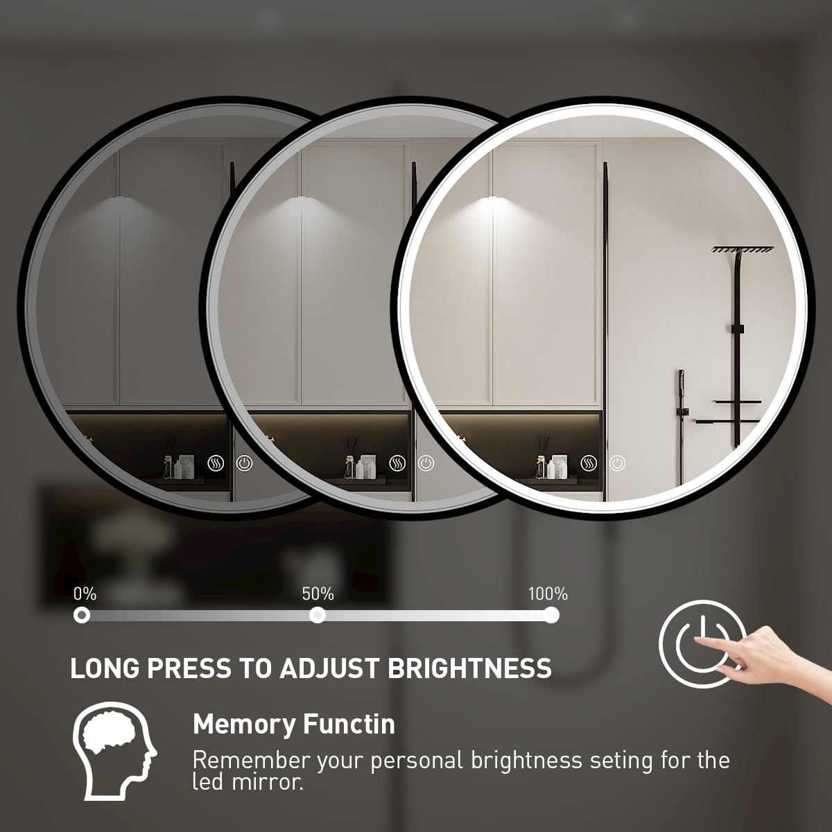 24 Inch Round LED Bathroom Mirror with Anti-Fog & Dimmable Touch Switch - Black Metal Frame Vanity Mirror, Waterproof IP54, 90+ CRI - Perfect for Makeup, Shaving & Home Decor