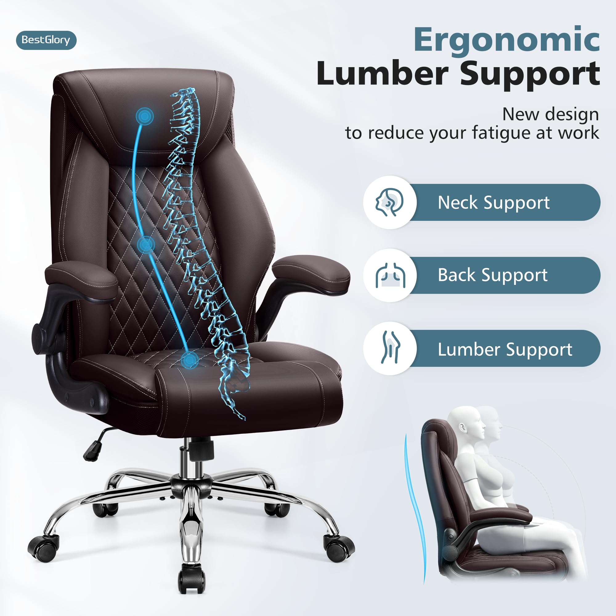 Ergonomic High Back Office Chair - Big & Tall Breathable Leather Desk Chair with Lumbar Support & Flip-Up Armrests - Adjustable Computer Chair with Rocking Function for Home Office, Gaming & Workspace Comfort