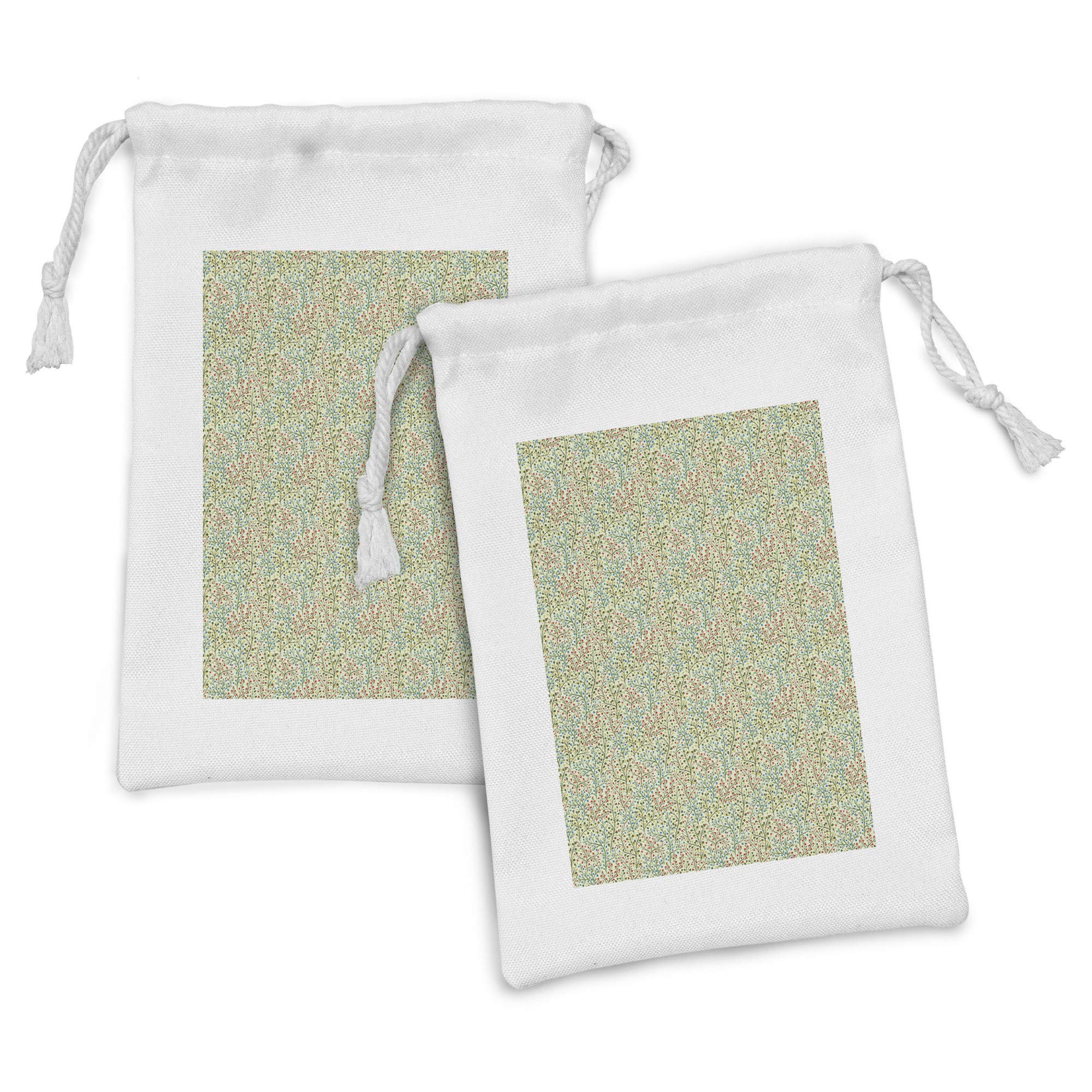Ambesonne 2-Pack Botanical Drawstring Pouches - Spring Garden Floral & Berry Print Small Fabric Bags (9
