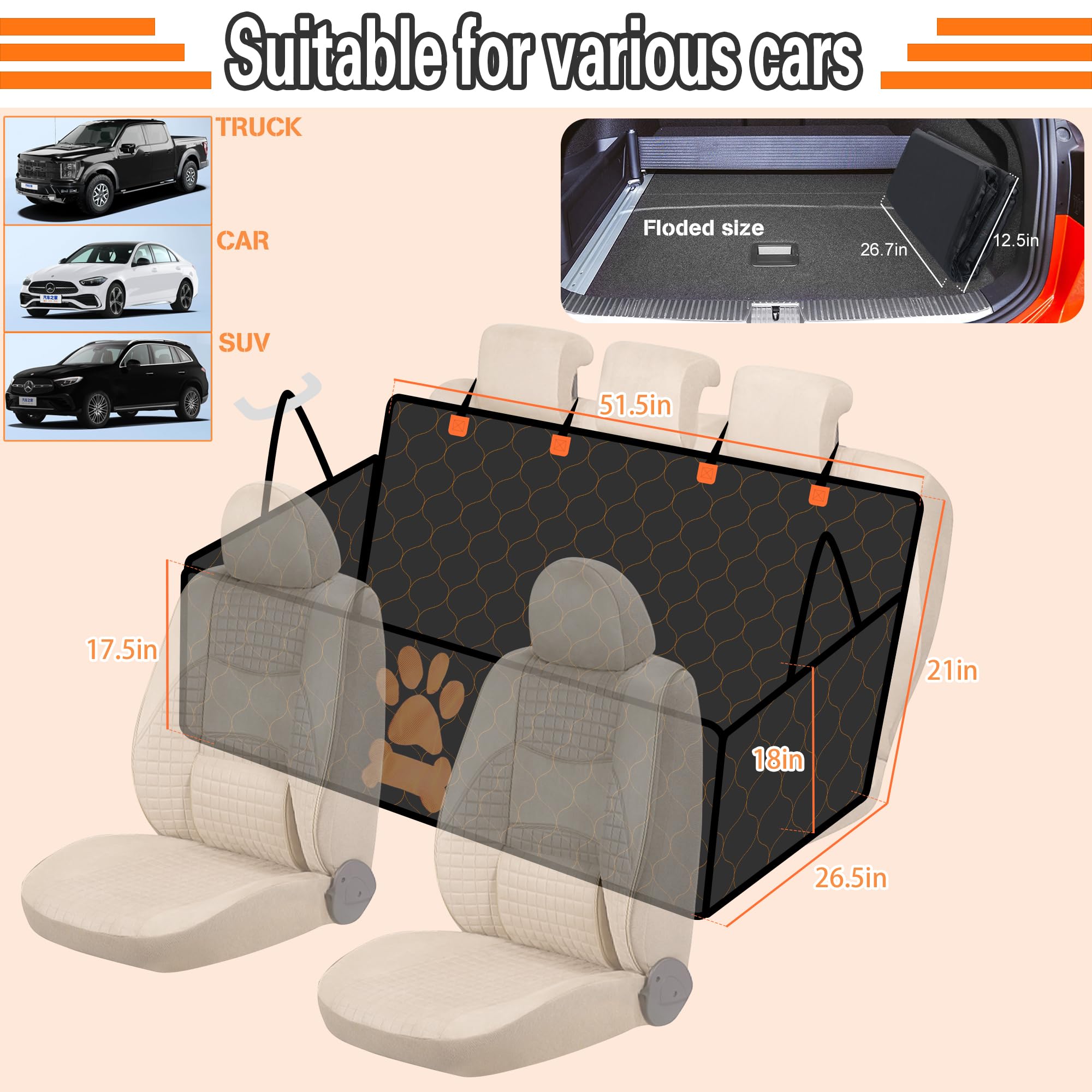 BABYLTRL Dog Car Seat Cover - Waterproof Back Seat Extender & Hammock for Travel, Camping, SUV, Trucks | Foldable Thickened Pet Bed for Comfort & Safety on Road Trips