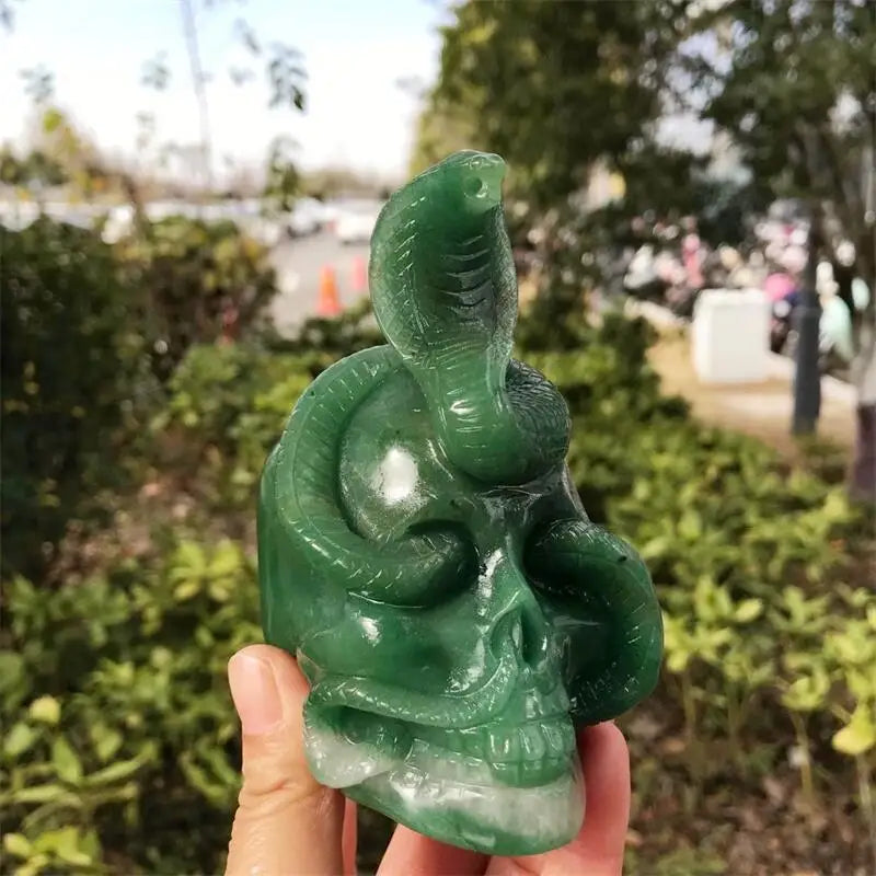 11CM Natural Green Aventurine Snake Skull Carving - Healing Crystal, Lucky Stone for Home Decor, Halloween Party & Spiritual Gifts | Feng Shui, Meditation & Positive Energy Enhancer