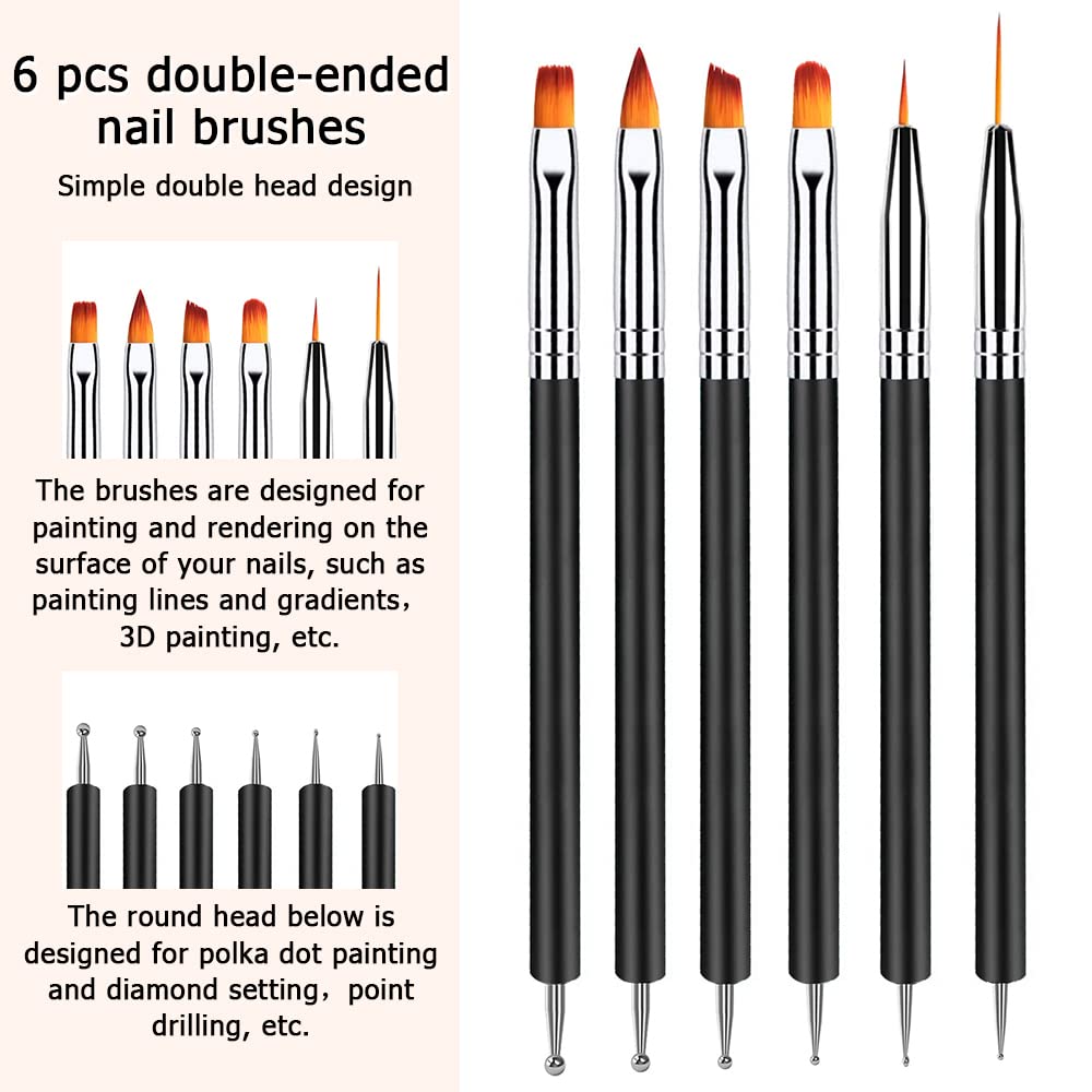 Lofuanna 6pcs Nail Art Brush Set - Double Ended Fine Liner, Dotting Pen, Gel & Builder Brushes for Professional & DIY Manicures | Perfect for Nail Extensions, Acrylics & Home Salon Use