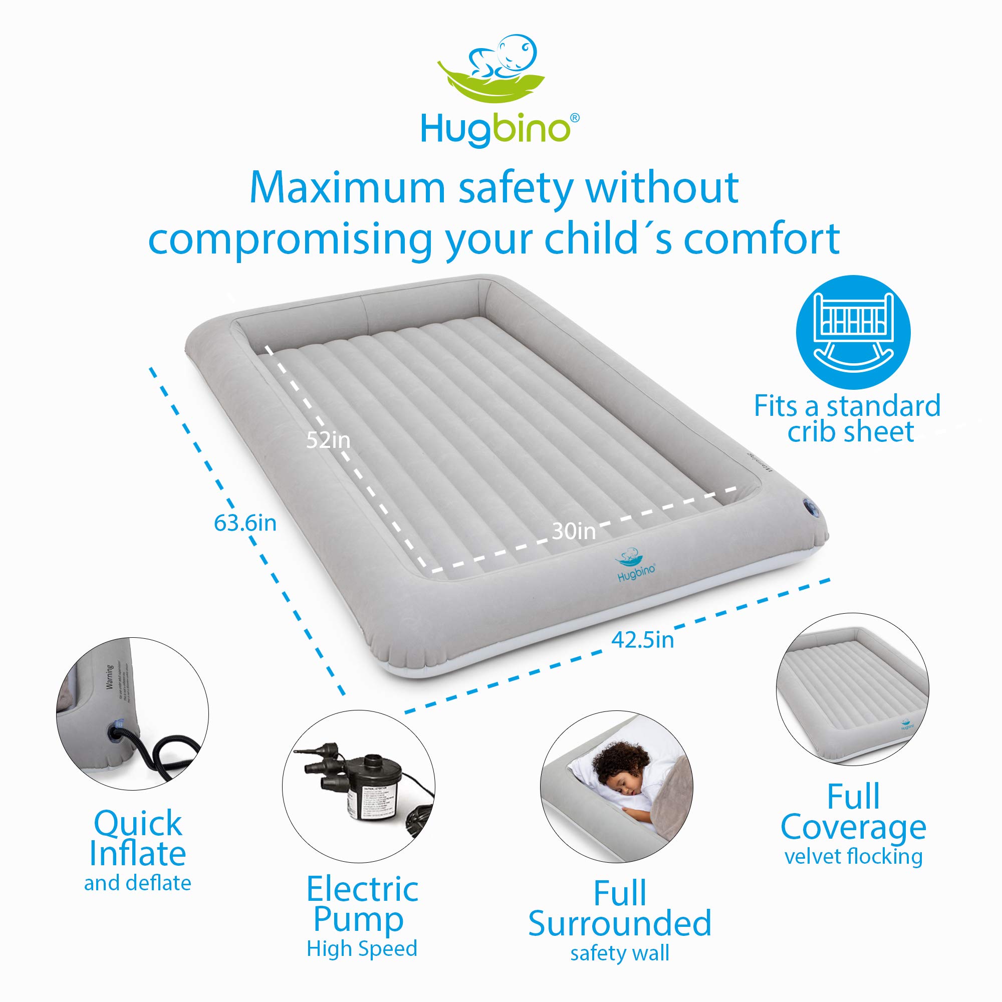 HUGBINO Toddler Air Mattress - Kids Inflatable Bed with Safety Sides, Portable Travel Cot for Camping & Sleepovers | Includes Electric Pump | Perfect for Home, Travel & Daycare Use