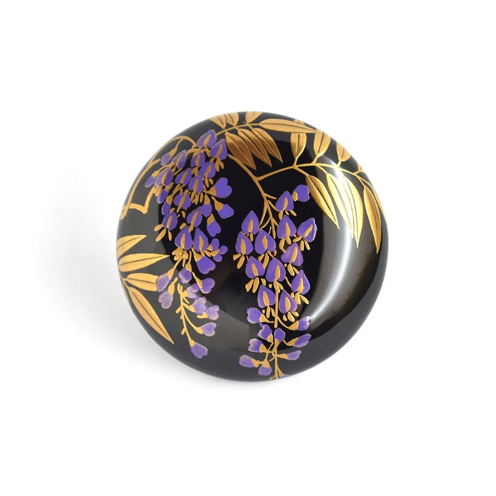 Handmade Maki-e Urushi Lacquer Brooch - Japanese Boxwood & Wisteria Design - Traditional Japanese Lacquer Jewelry - Perfect for Kimono, Formal Wear & Gift Giving