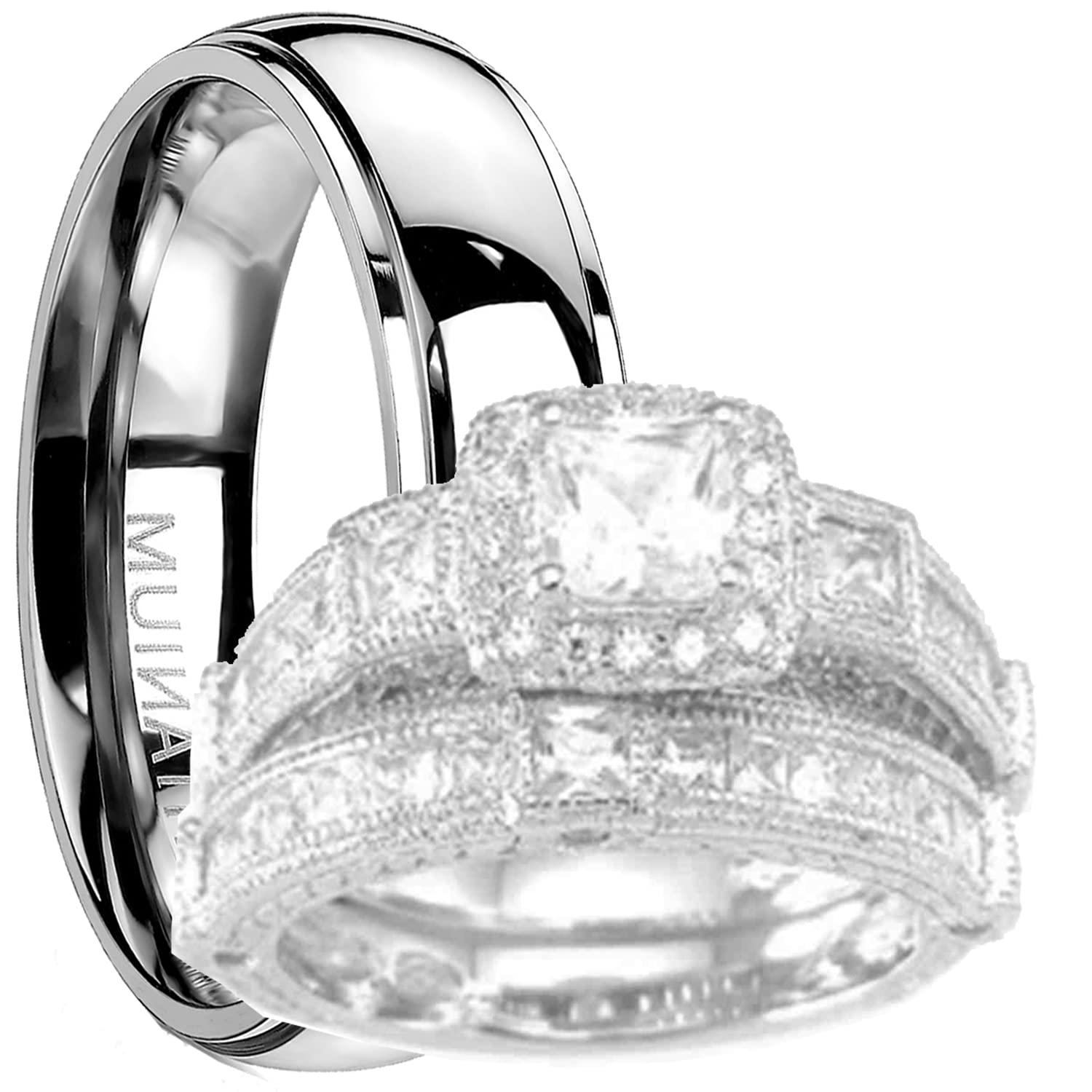His & Hers Wedding Rings Set - Silver Titanium Matching Bands for Couples - Anniversary & Engagement Gift